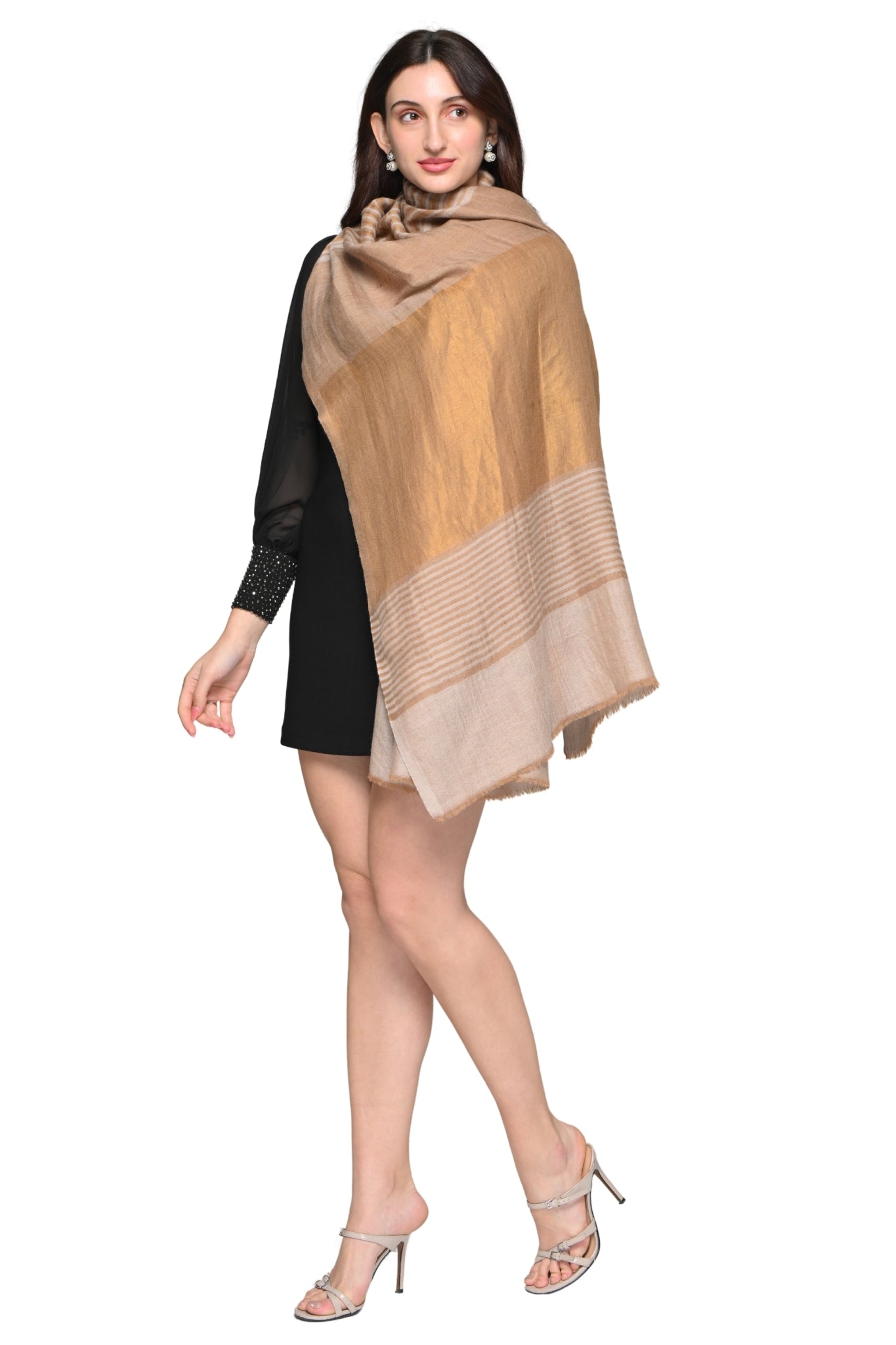 Fine Wool Antique Gold Striper Stole – Women's Zari Stoles – View 9 | Taroob