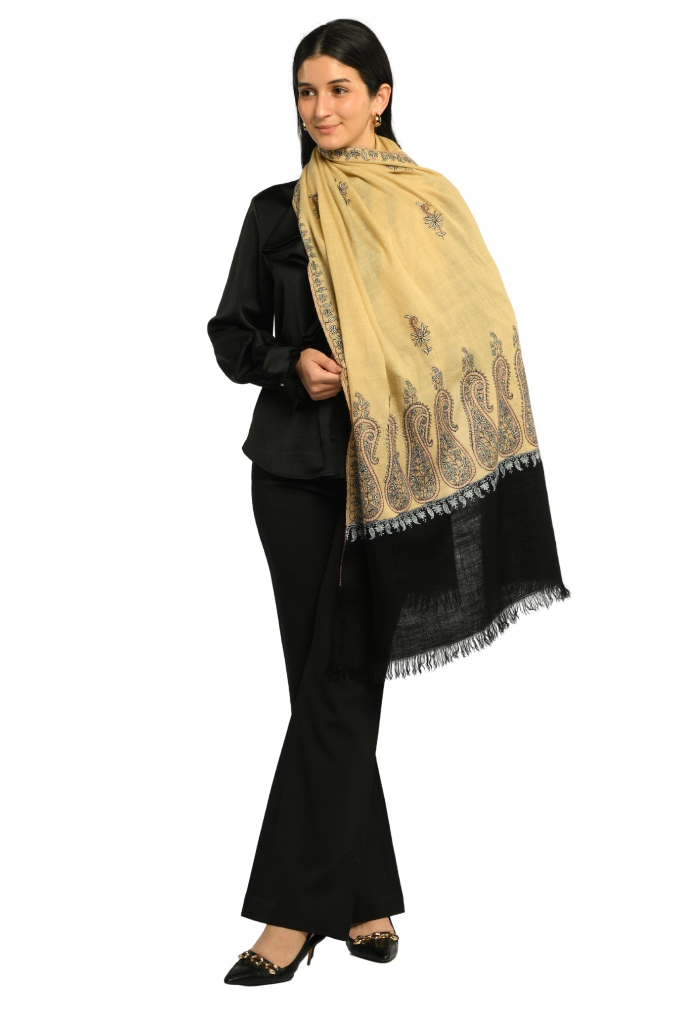 Beige Embroidered Pashmina Stole Taroob
