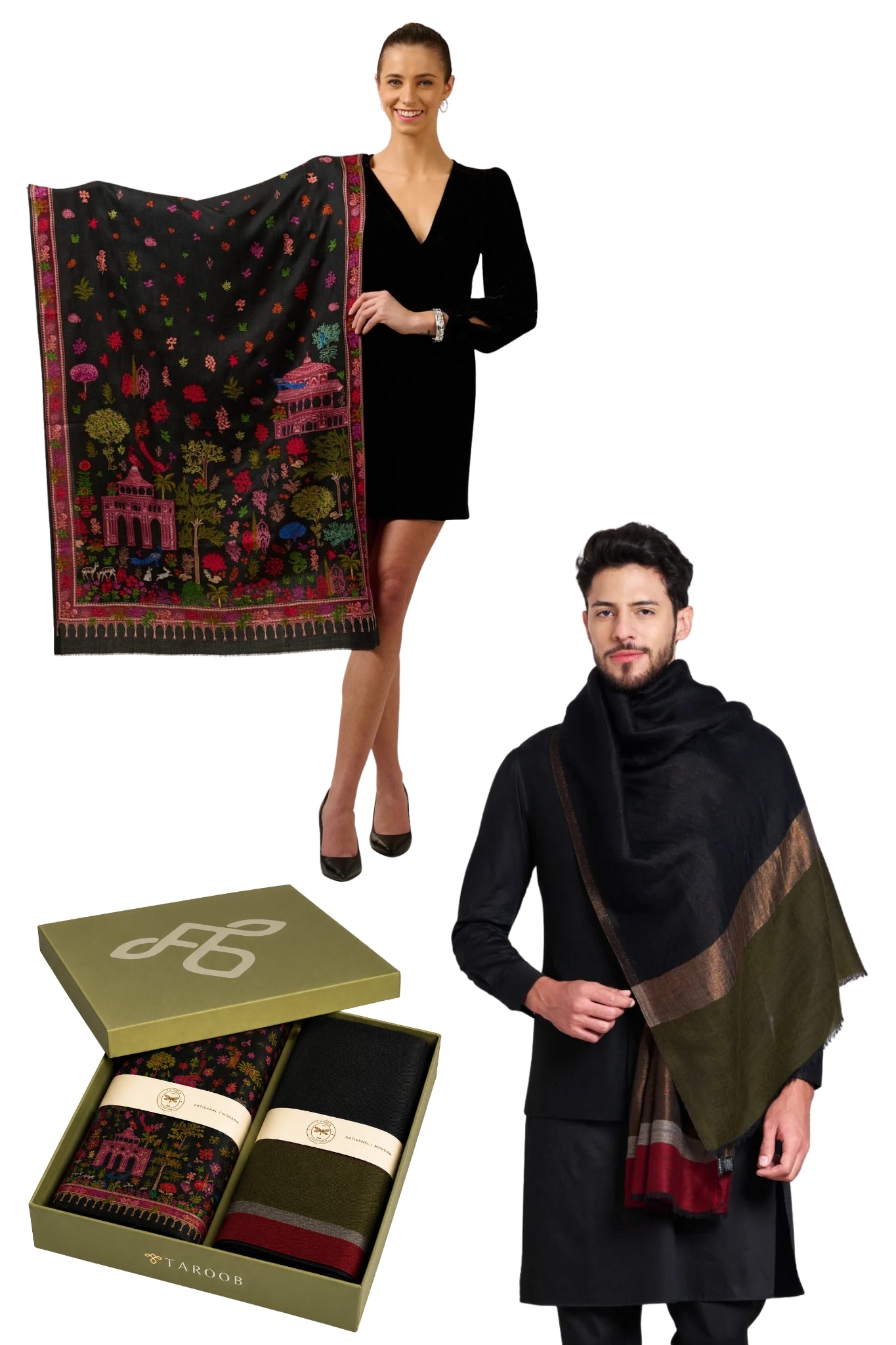 Couple Gift Set of Zari Stole for Him & Kalamkari Stole for Her Taroob