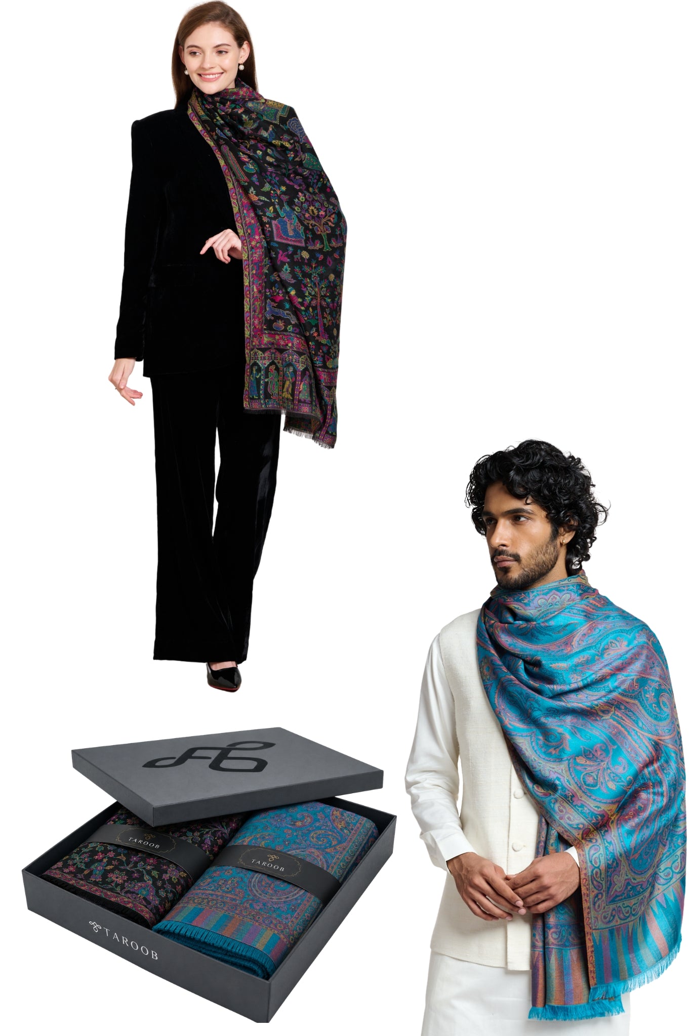 Taroob Couple Gift Set of Wool Silk Stole for Him & Silk Stole for Her in UAE