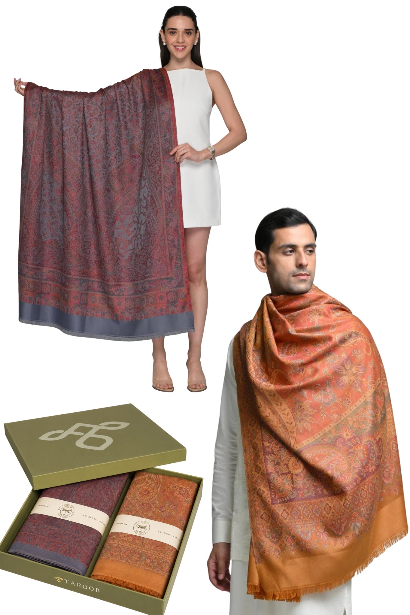 Taroob Gift Set of Faux Pashmina Jamawar Shawls for Him & Her