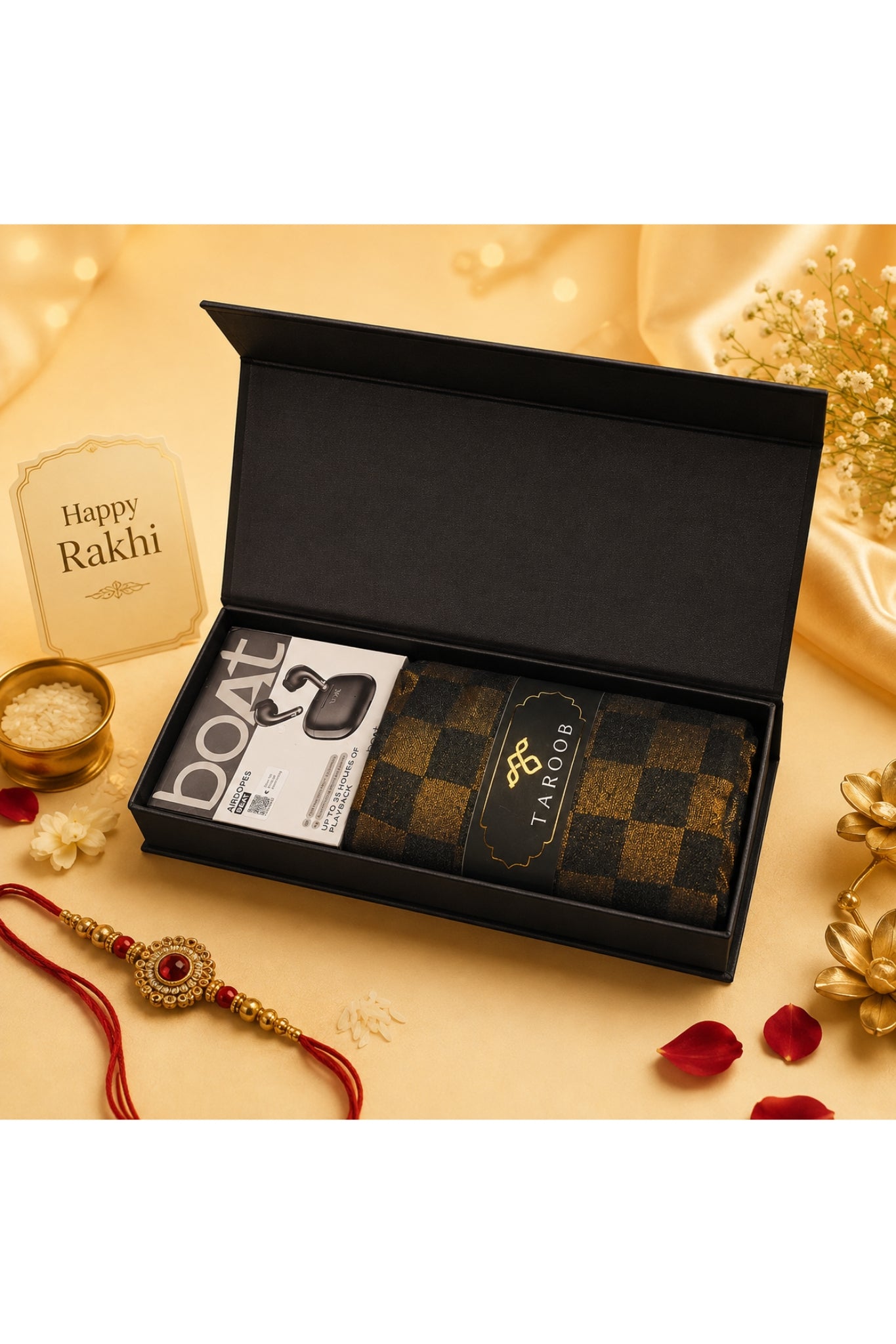 LIMITED EDITION Gift Set of Premium Taroob Checkered Stole & BOAT Airdopes