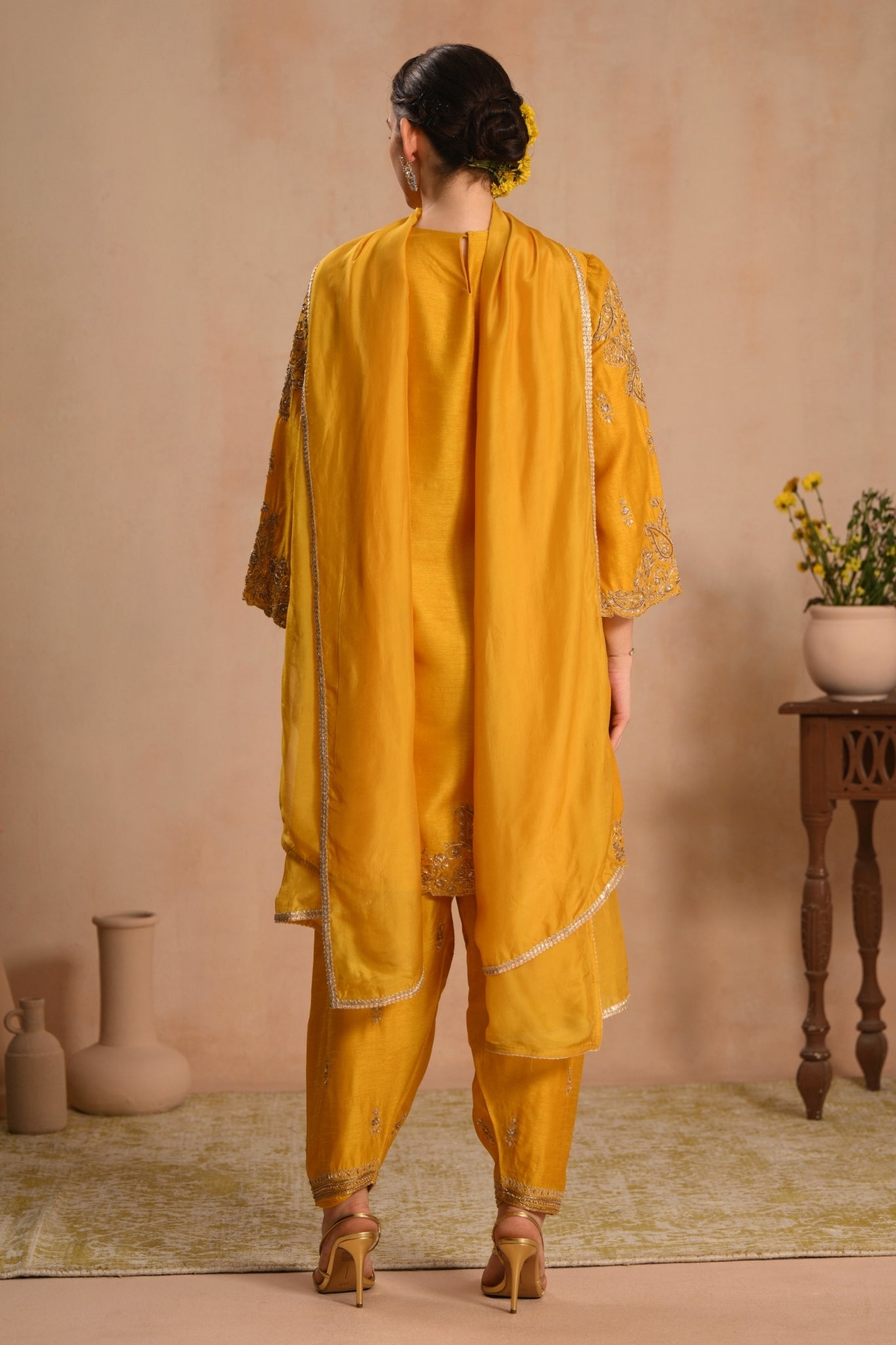 Women's Mustard Zarqash Hand Embroidered Kurta Set Taroob