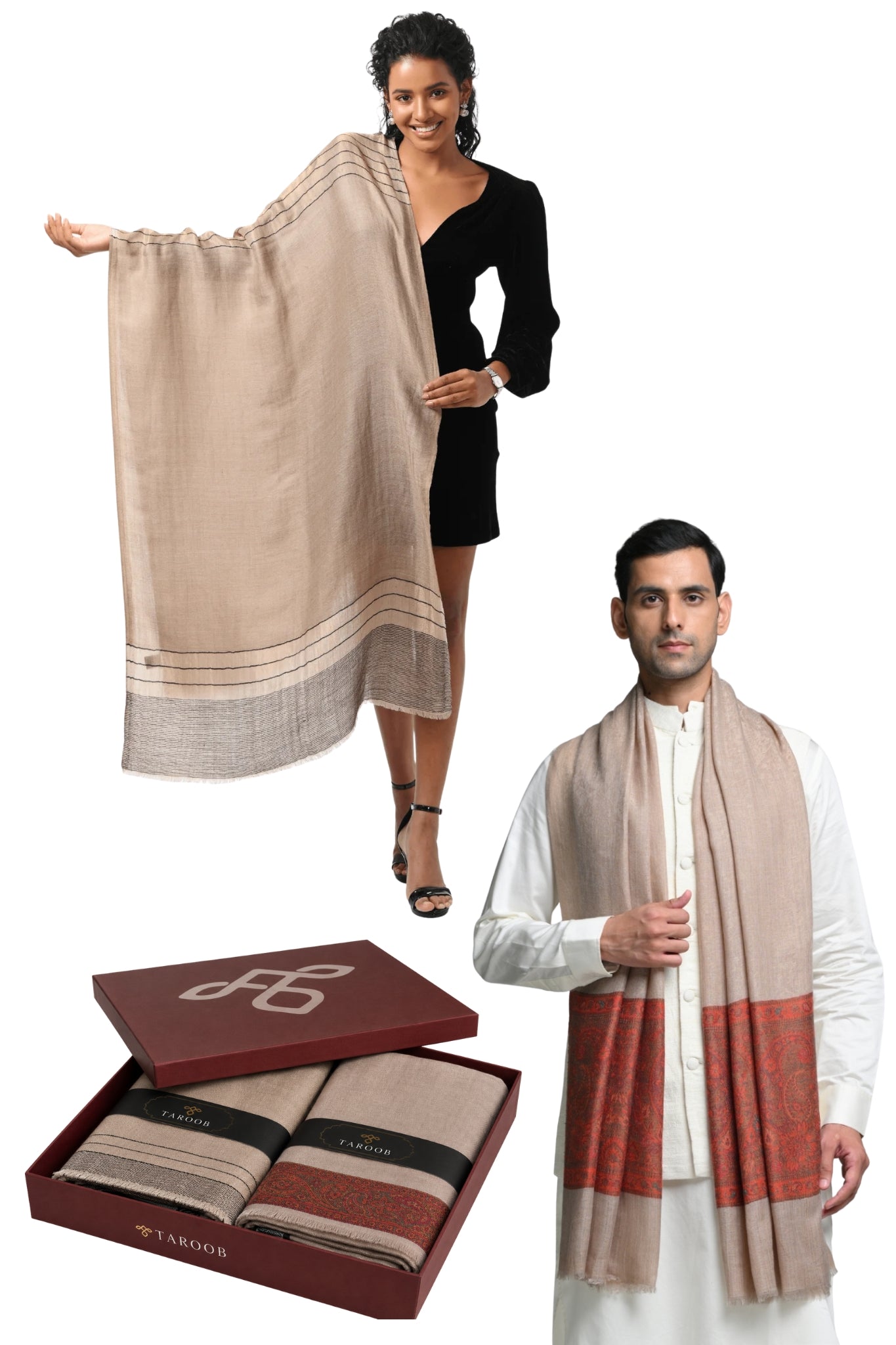 Taroob Gift Set of Wool Zari Stole & Silk Jamawar Stole