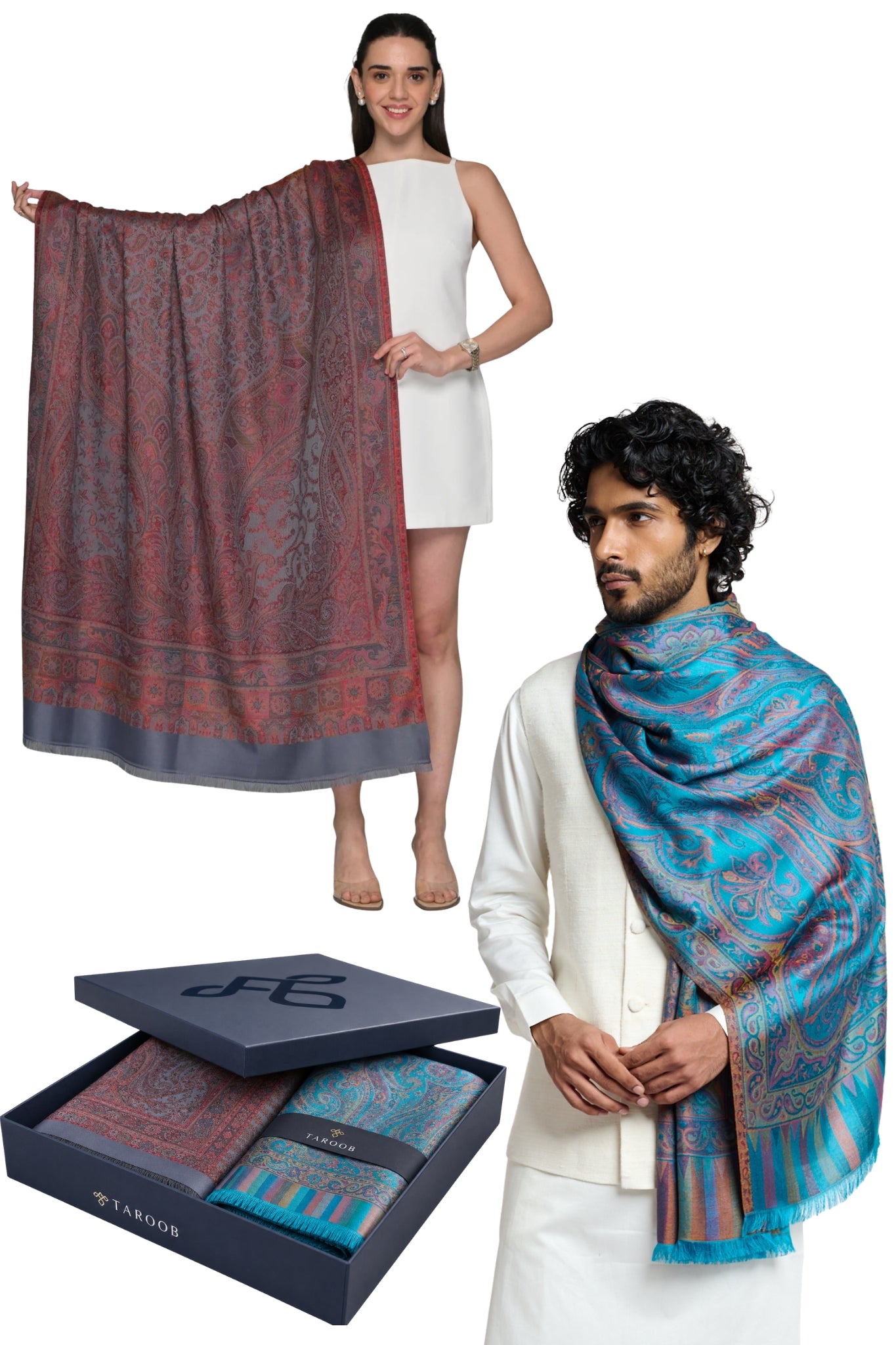 Taroob Gift Set of Faux Pashmina Jamawar Shawl & Silk Jamawar Stole