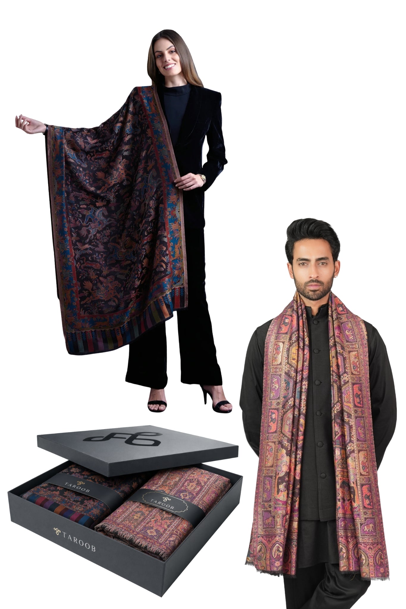 Taroob Couple Gift Set of Fine Wool Resham Stole & Silk Jamawar Stole