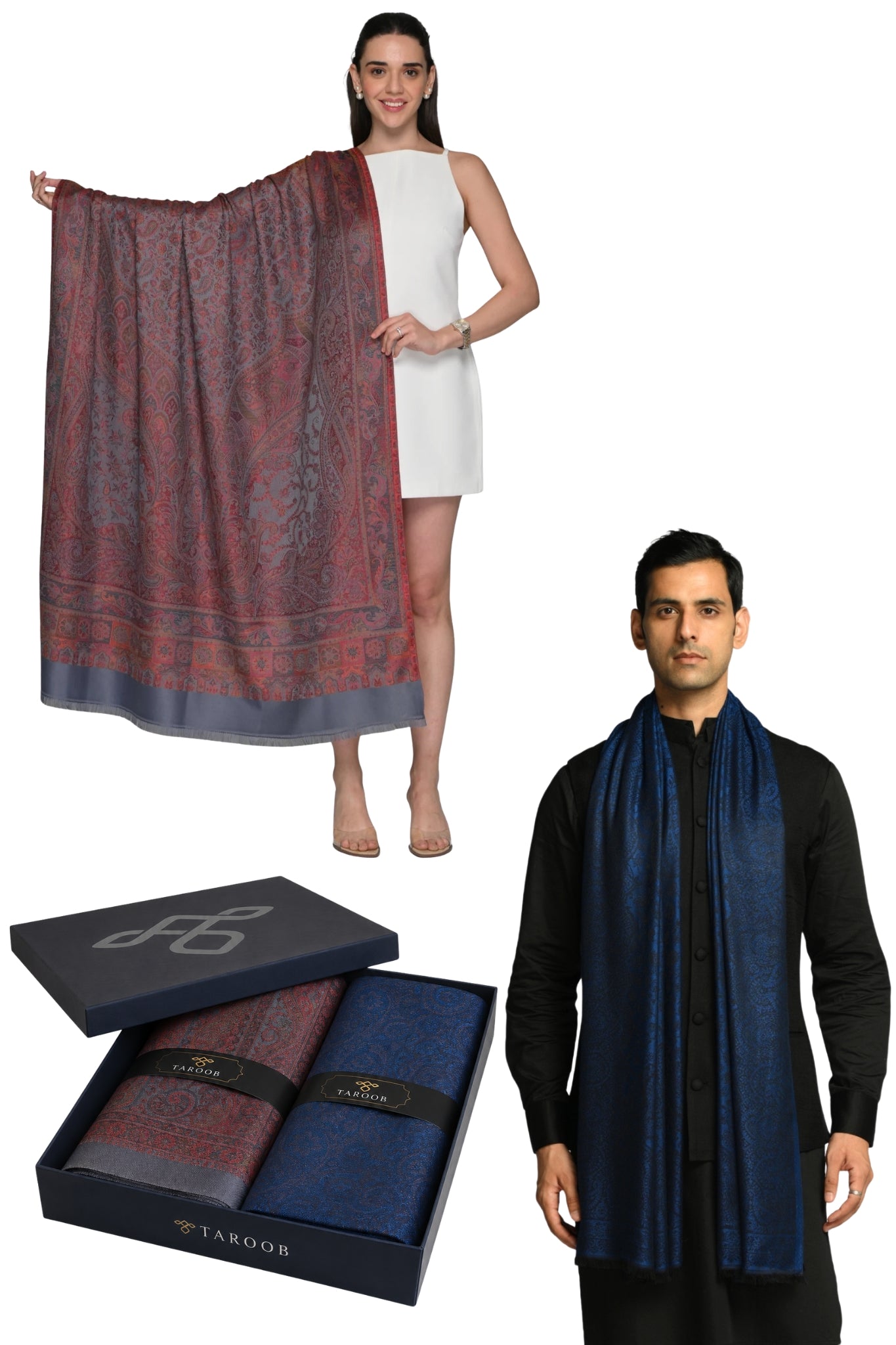 Taroob Gift Set of Superfine Modal Stole for Him & Faux Pashmina Jamawar Shawl for Her in UAE