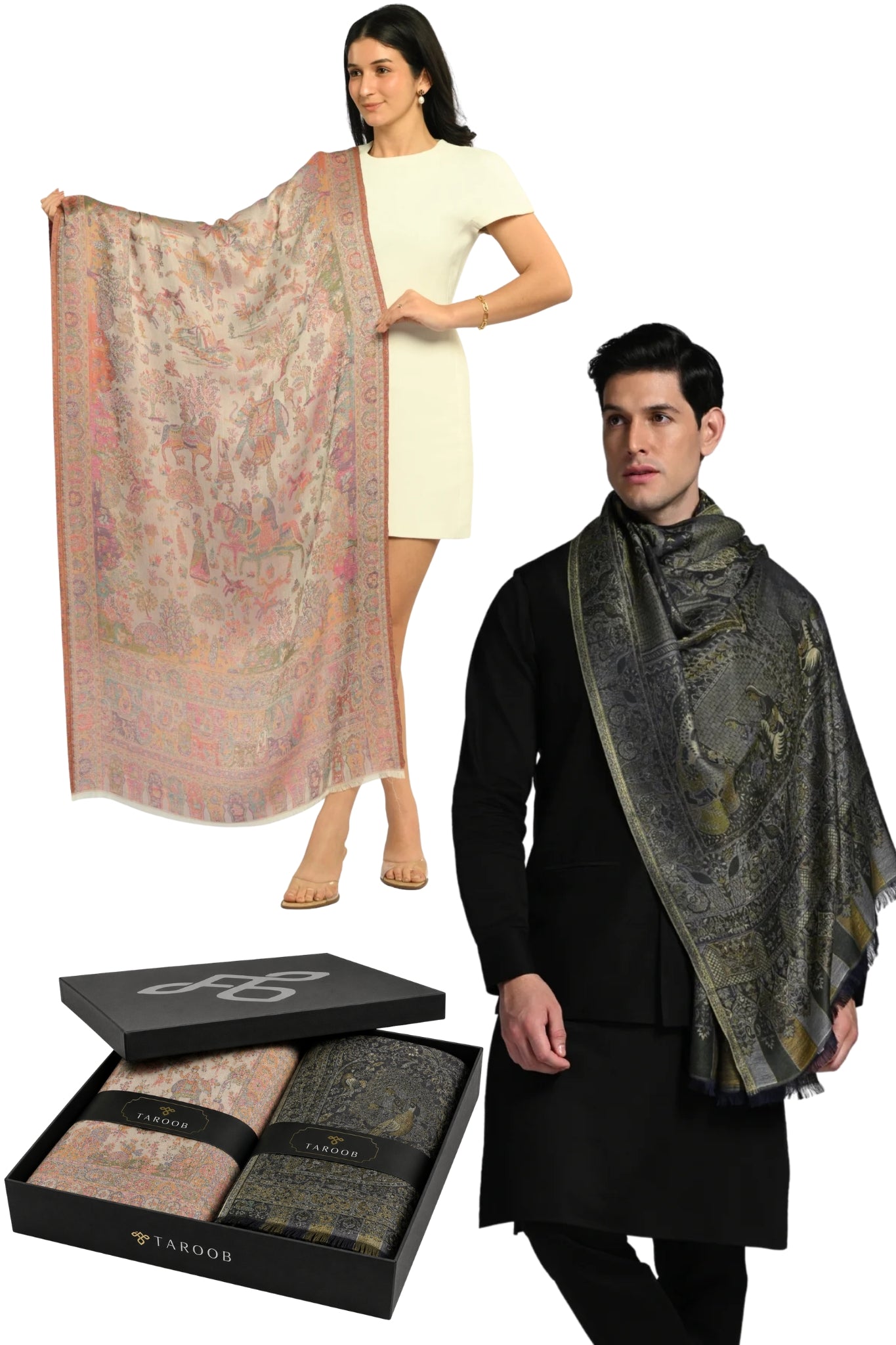 Taroob Couple Gift Set of Kashmiri Silk Jamawar Stoles for Him & Her