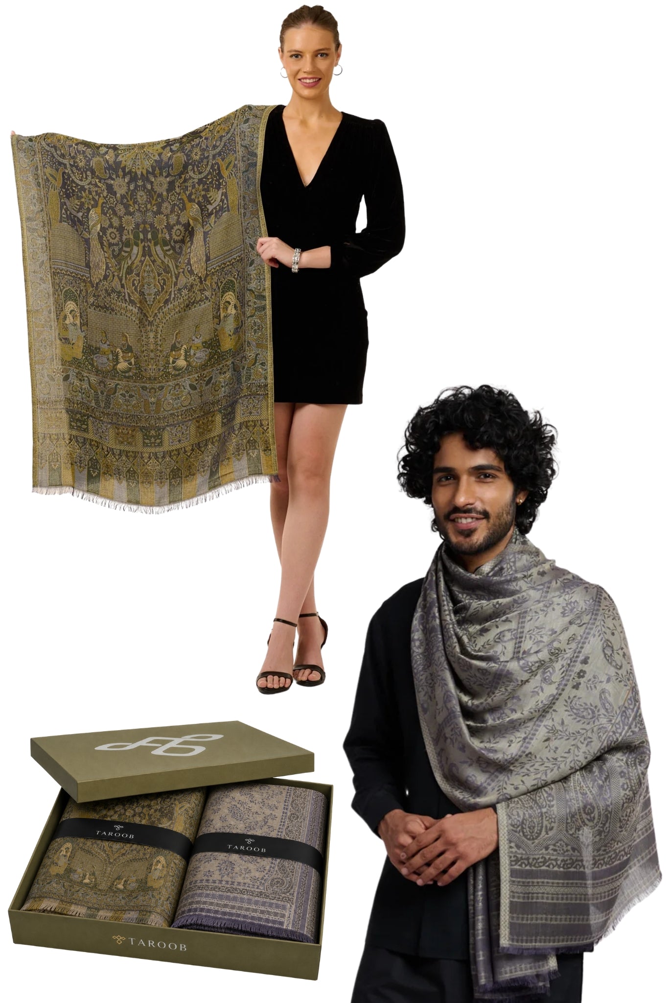 Taroob Couple Gift Set of Regal Kasmiri Jamawar Stoles for Him & Her