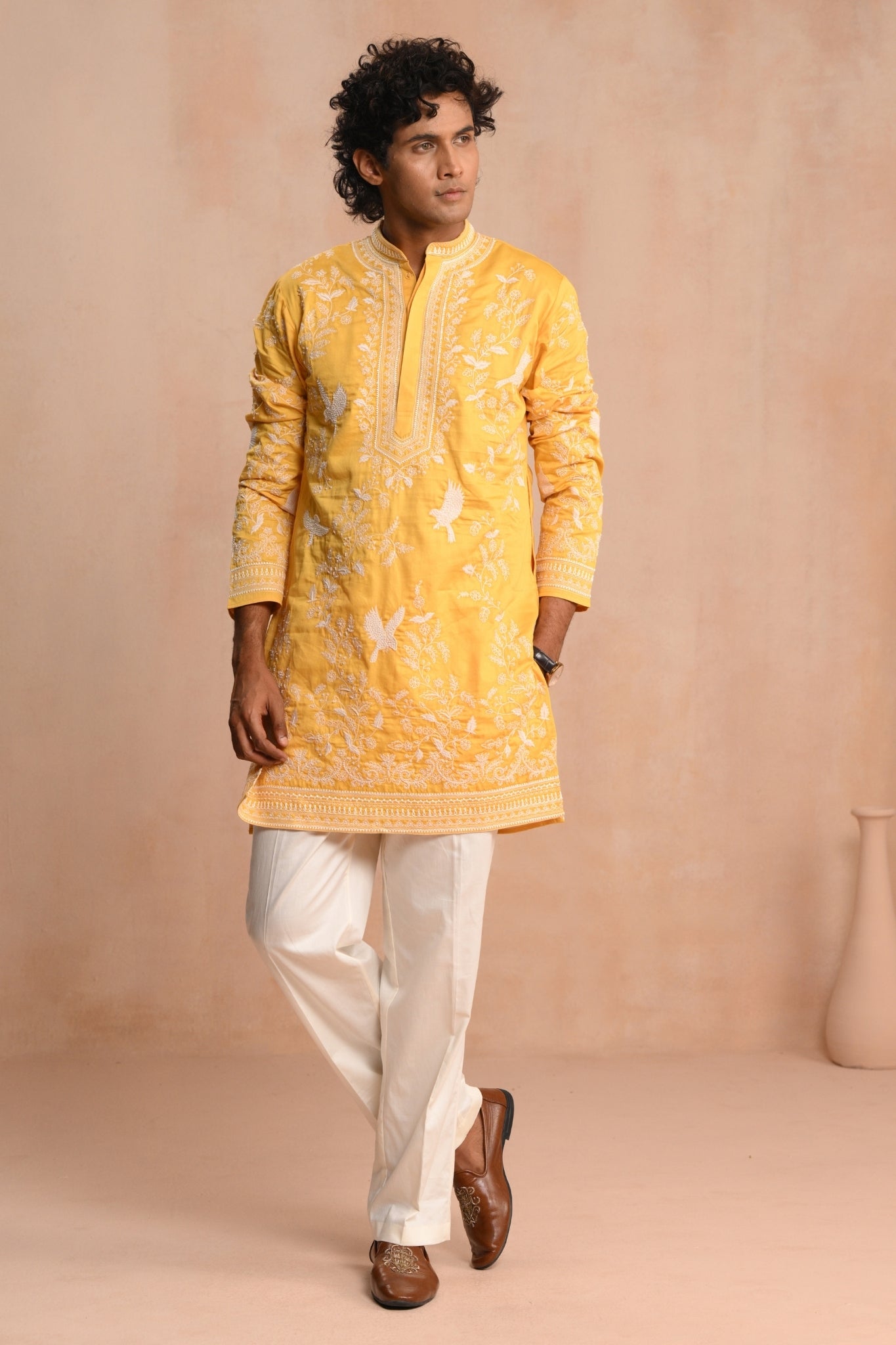 Yellow Shalimar Hand Embroidered Kurta Pajama Set