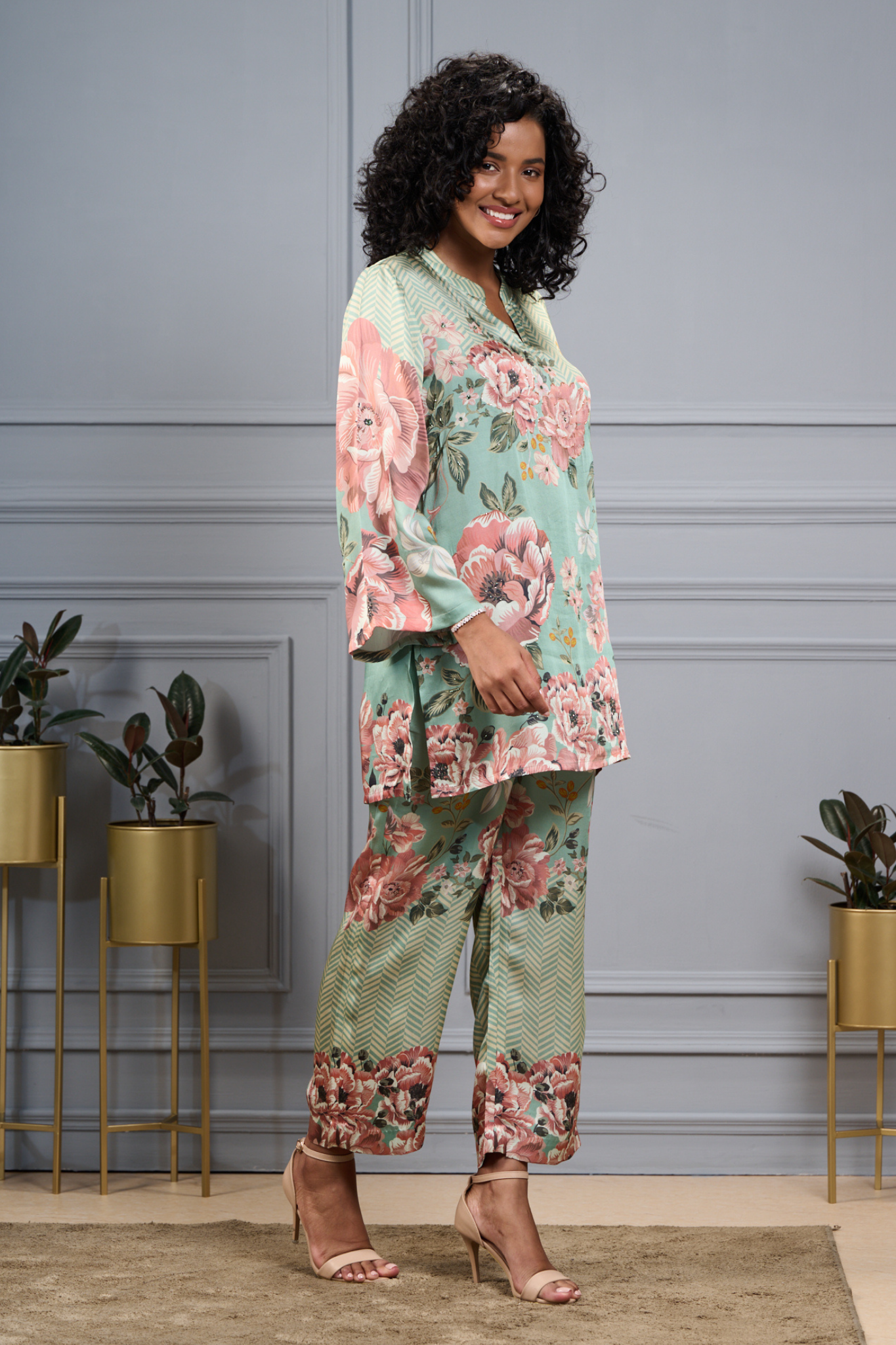 Taroob Silk Satin Bold Floral Co-ord Set With Embroidered Highlights