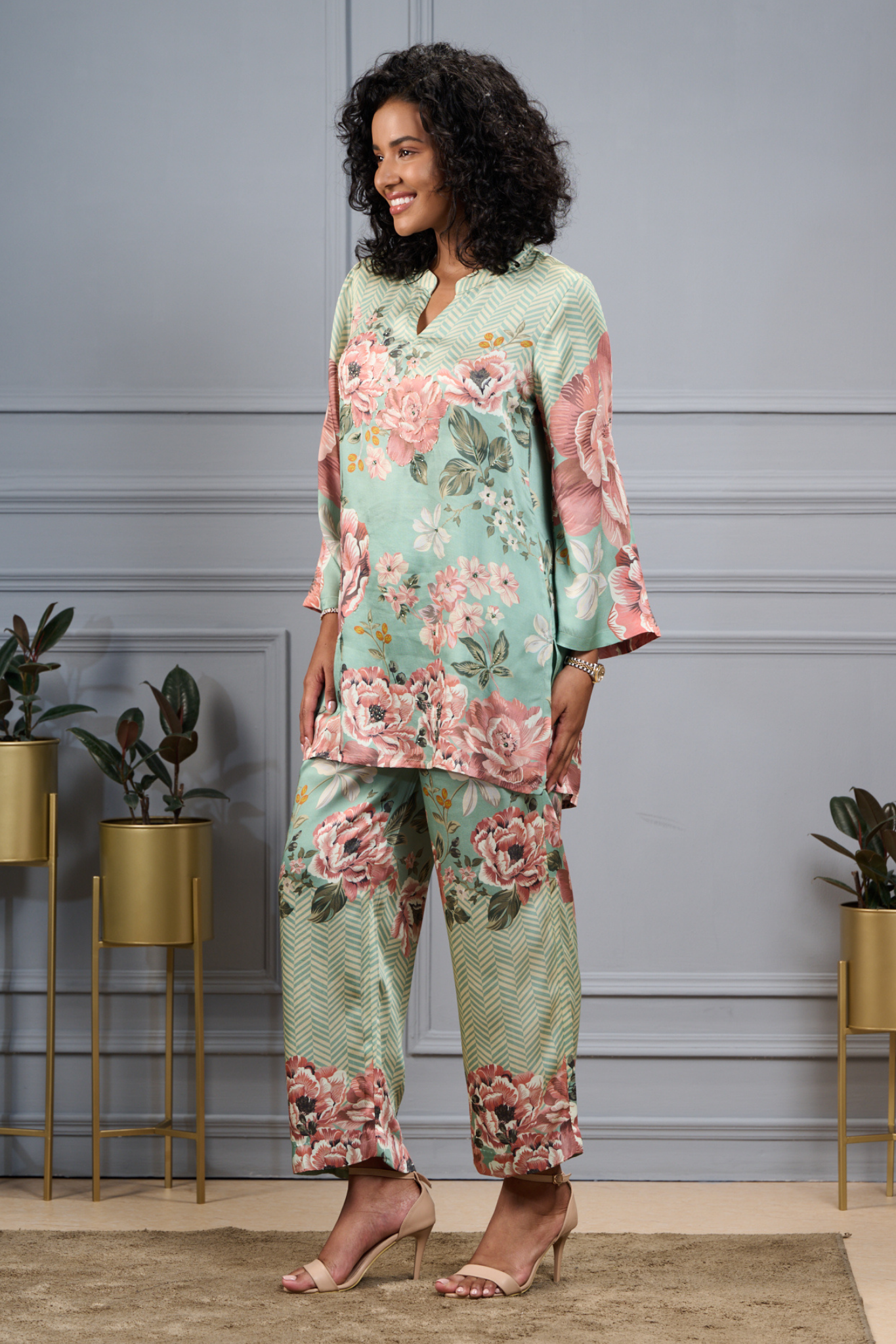 Taroob Silk Satin Bold Floral Co-ord Set With Embroidered Highlights