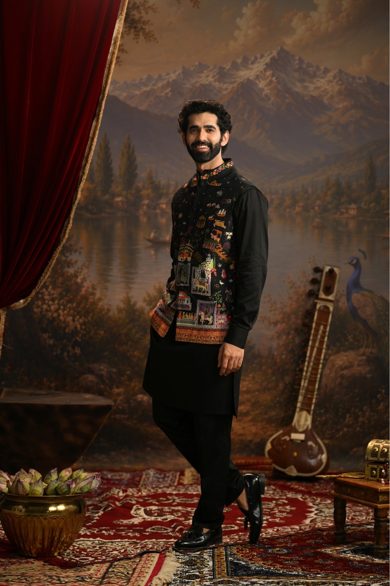 Black Mughal Embroidered Nehru Jacket Taroob