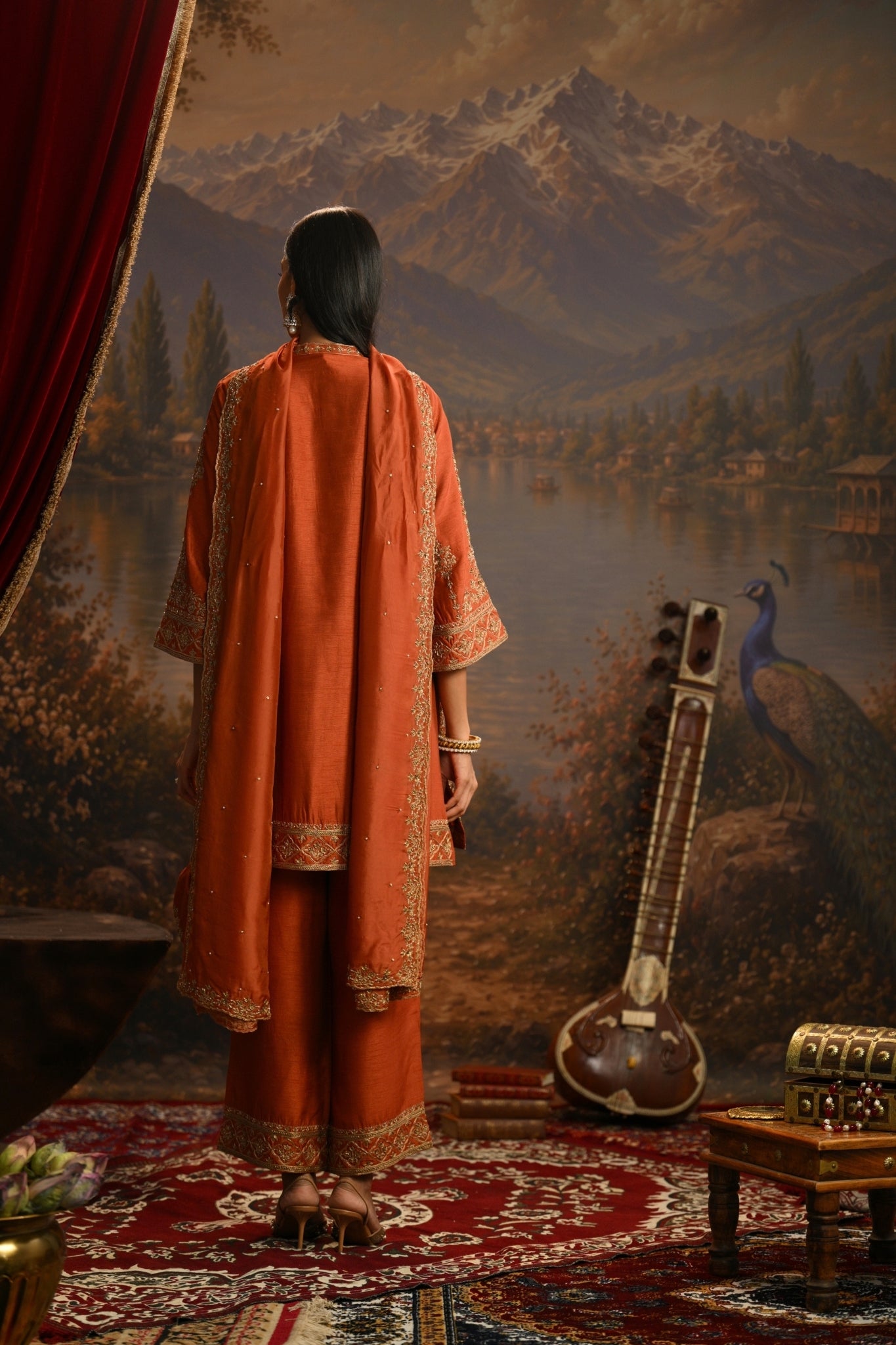Rust Jharokha Mahal Embroidered Kurta Set Taroob