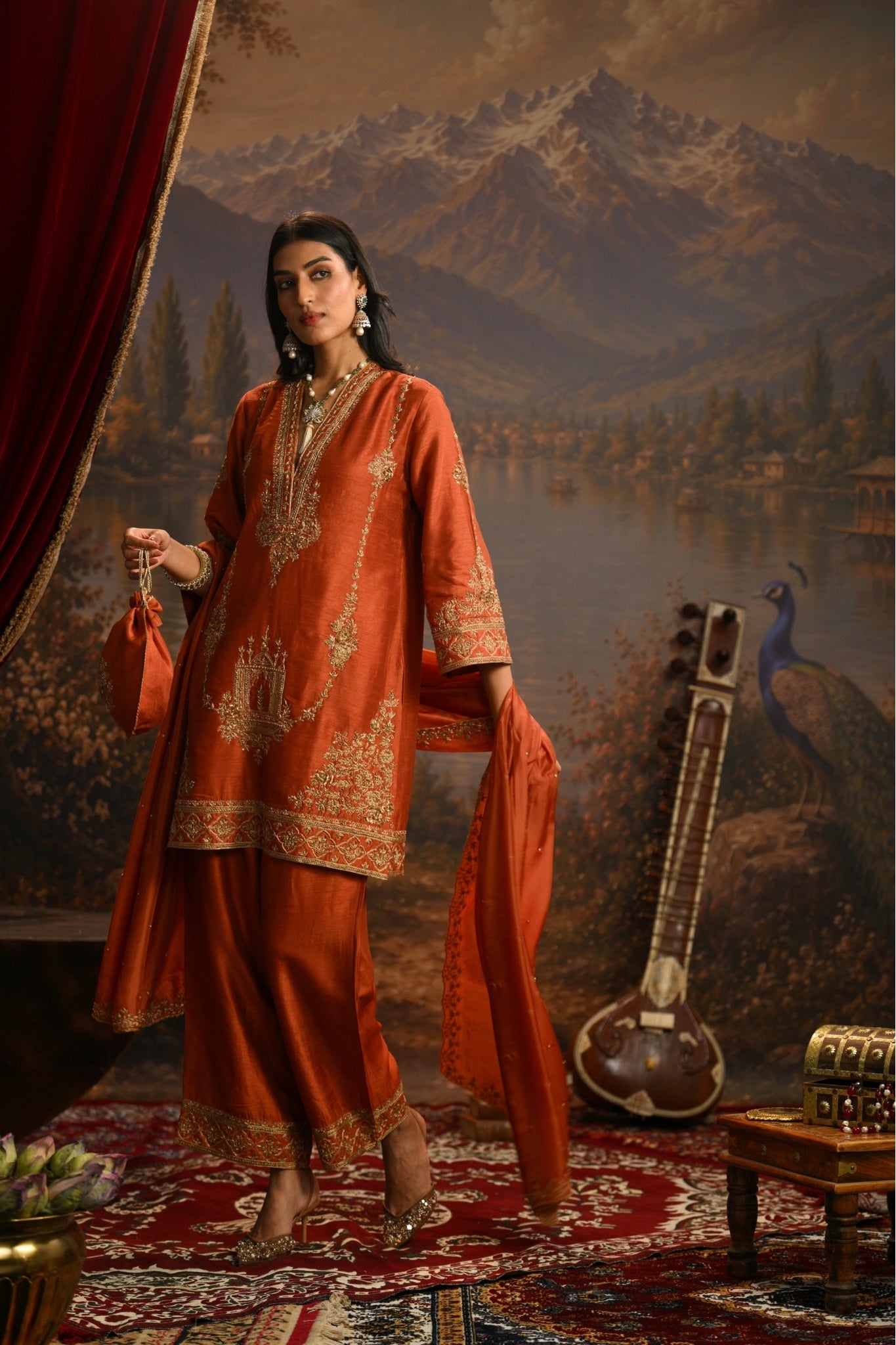 Rust Jharokha Mahal Embroidered Kurta Set Taroob