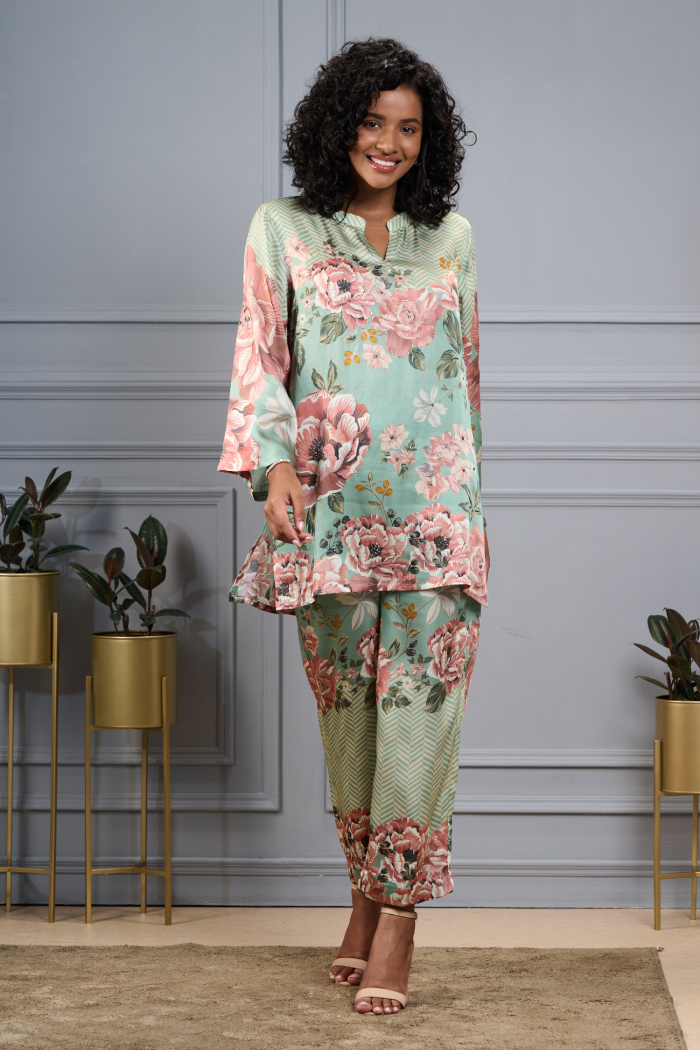 Taroob Silk Satin Bold Floral Co-ord Set With Embroidered Highlights