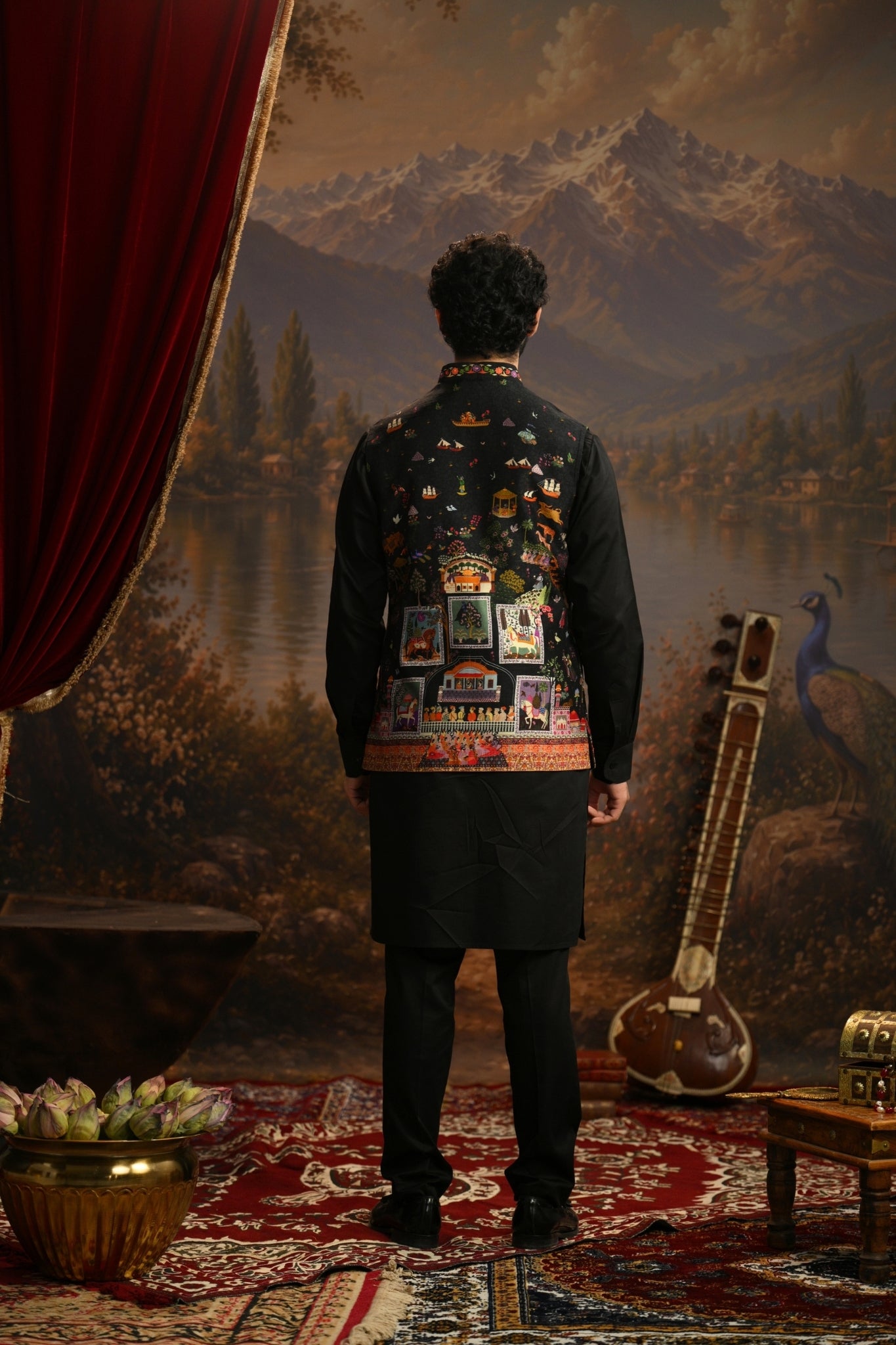 Black Mughal Embroidered Nehru Jacket Taroob