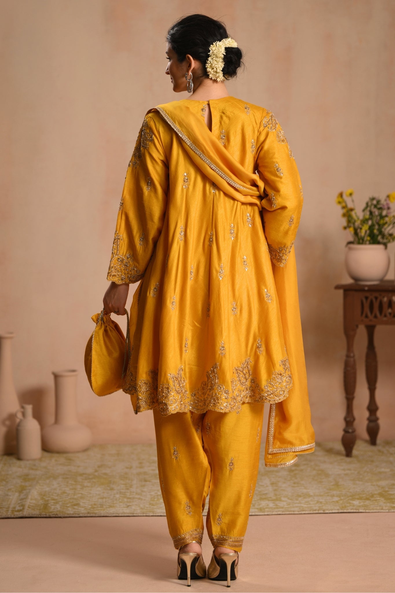 Women's Mustard Zarqash Hand Embroidered Kalidar Kurta Set Taroob