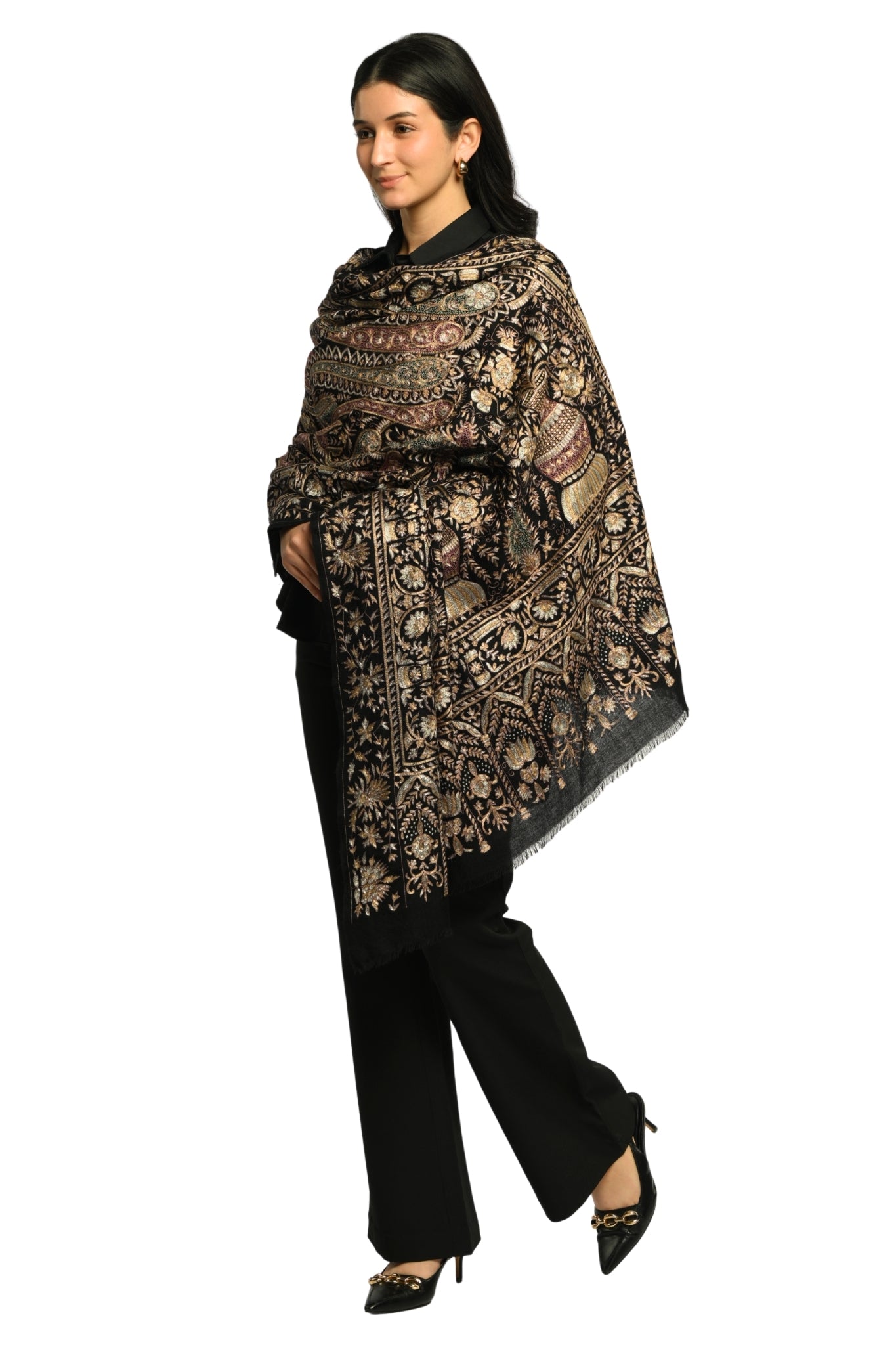 Black Pure Pashmina Tilla Shawl, Hand Embroidered Taroob