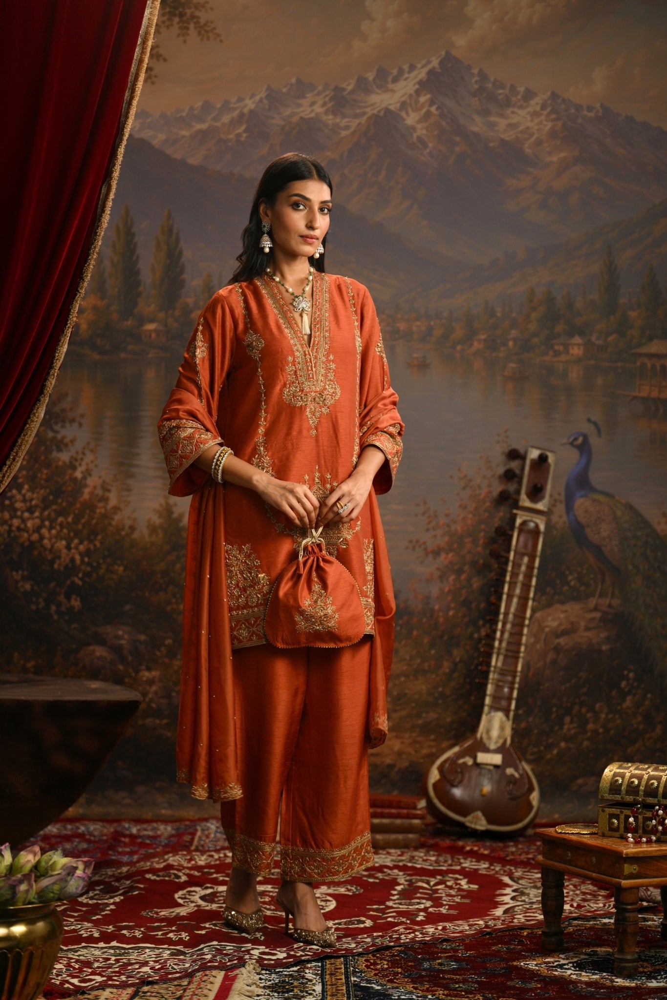 Rust Jharokha Mahal Embroidered Kurta Set Taroob