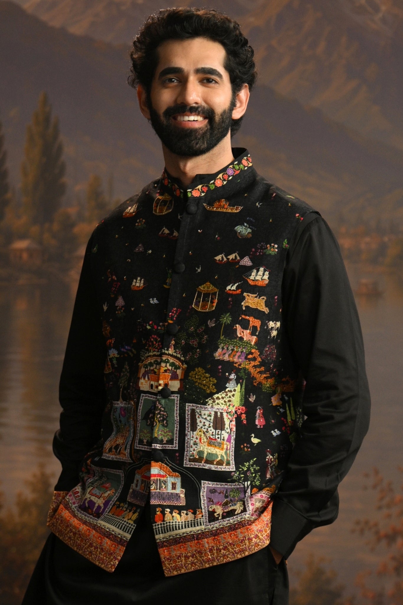 Black Mughal Embroidered Nehru Jacket Taroob