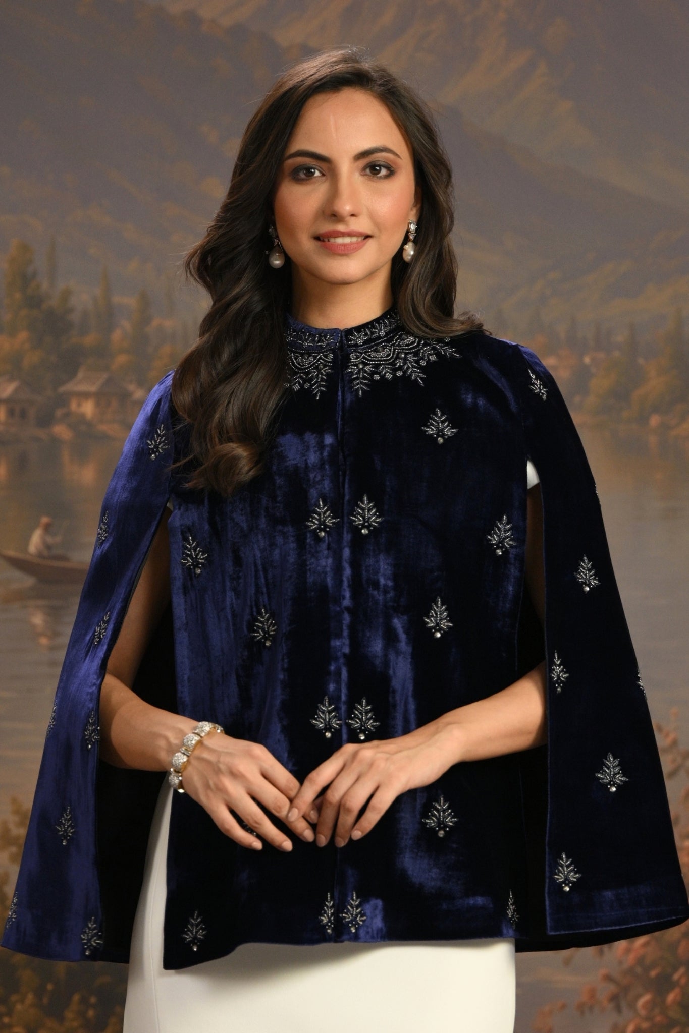 Navy Embroidered Jewelled Velvet Cape Taroob