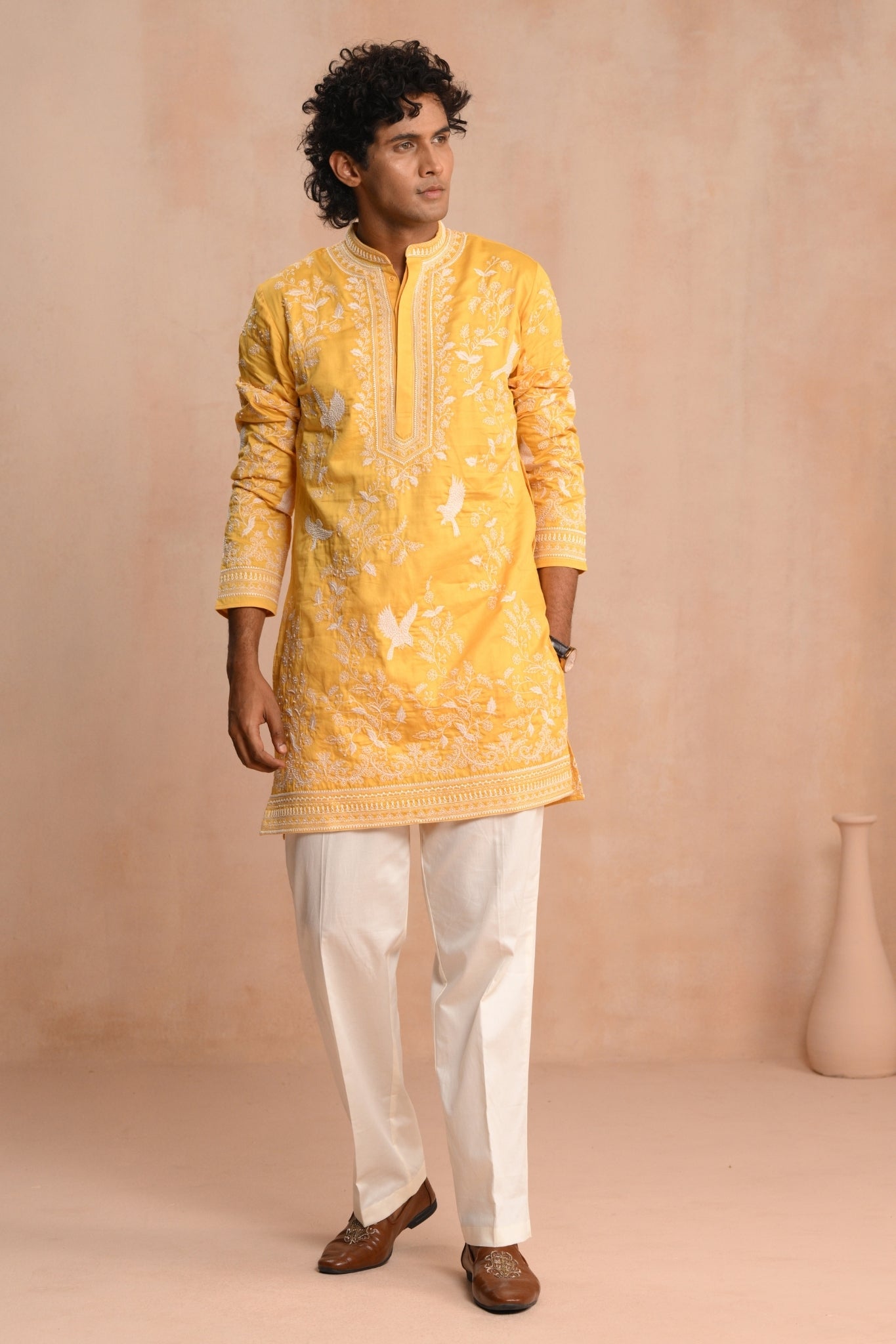 Yellow Shalimar Hand Embroidered Kurta Pajama Set