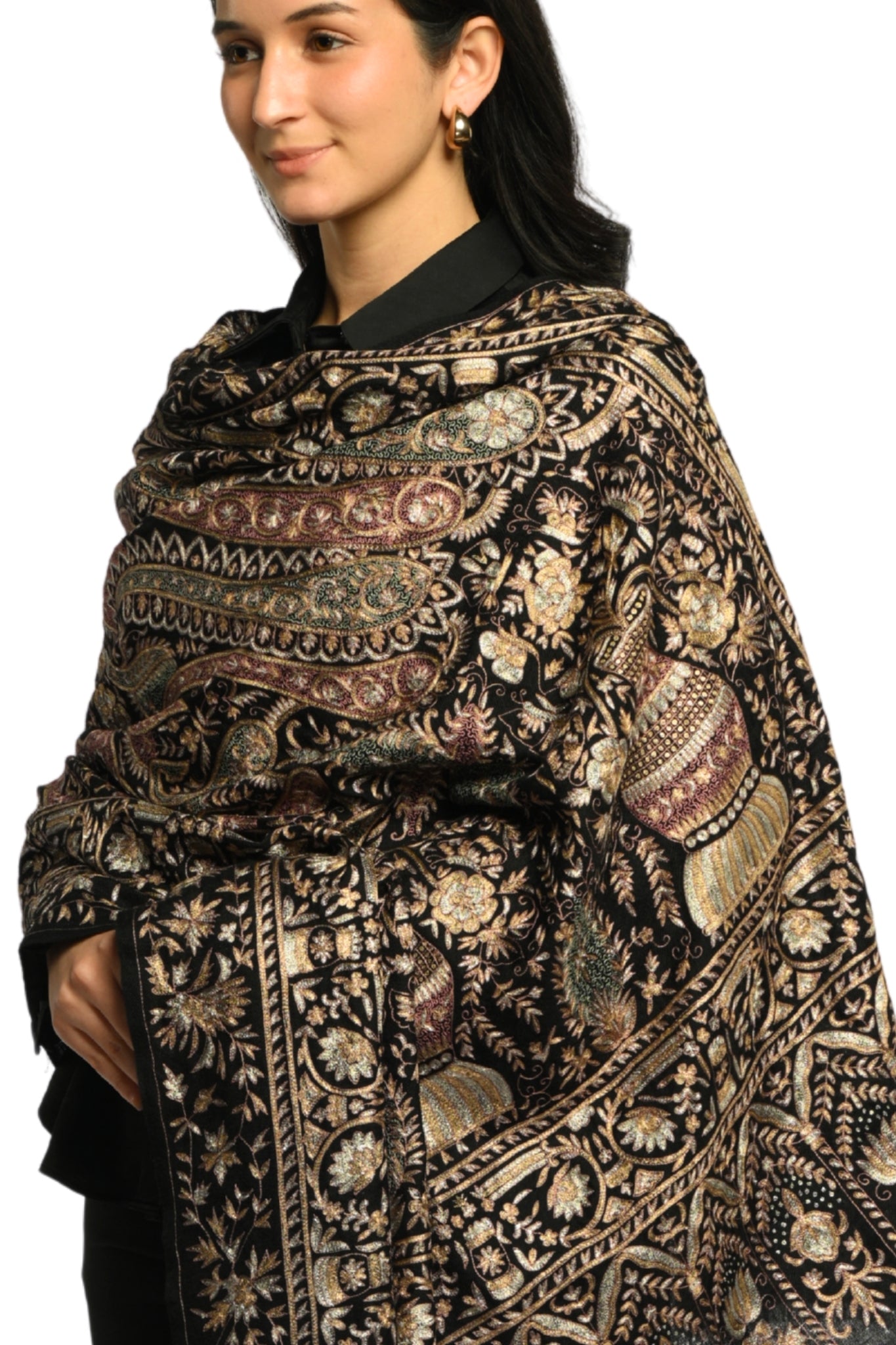 Black Pure Pashmina Tilla Shawl, Hand Embroidered Taroob