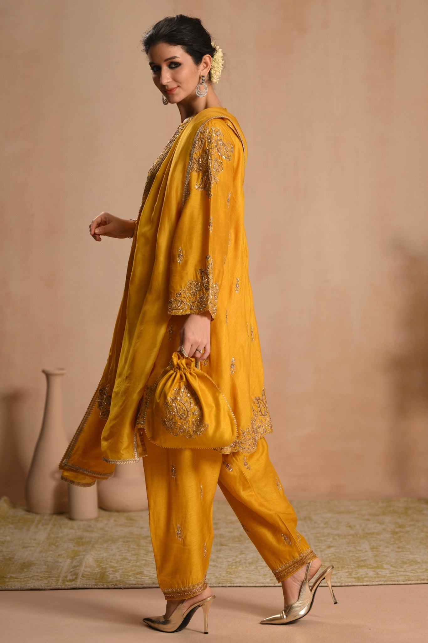 Women's Mustard Zarqash Hand Embroidered Kalidar Kurta Set Taroob