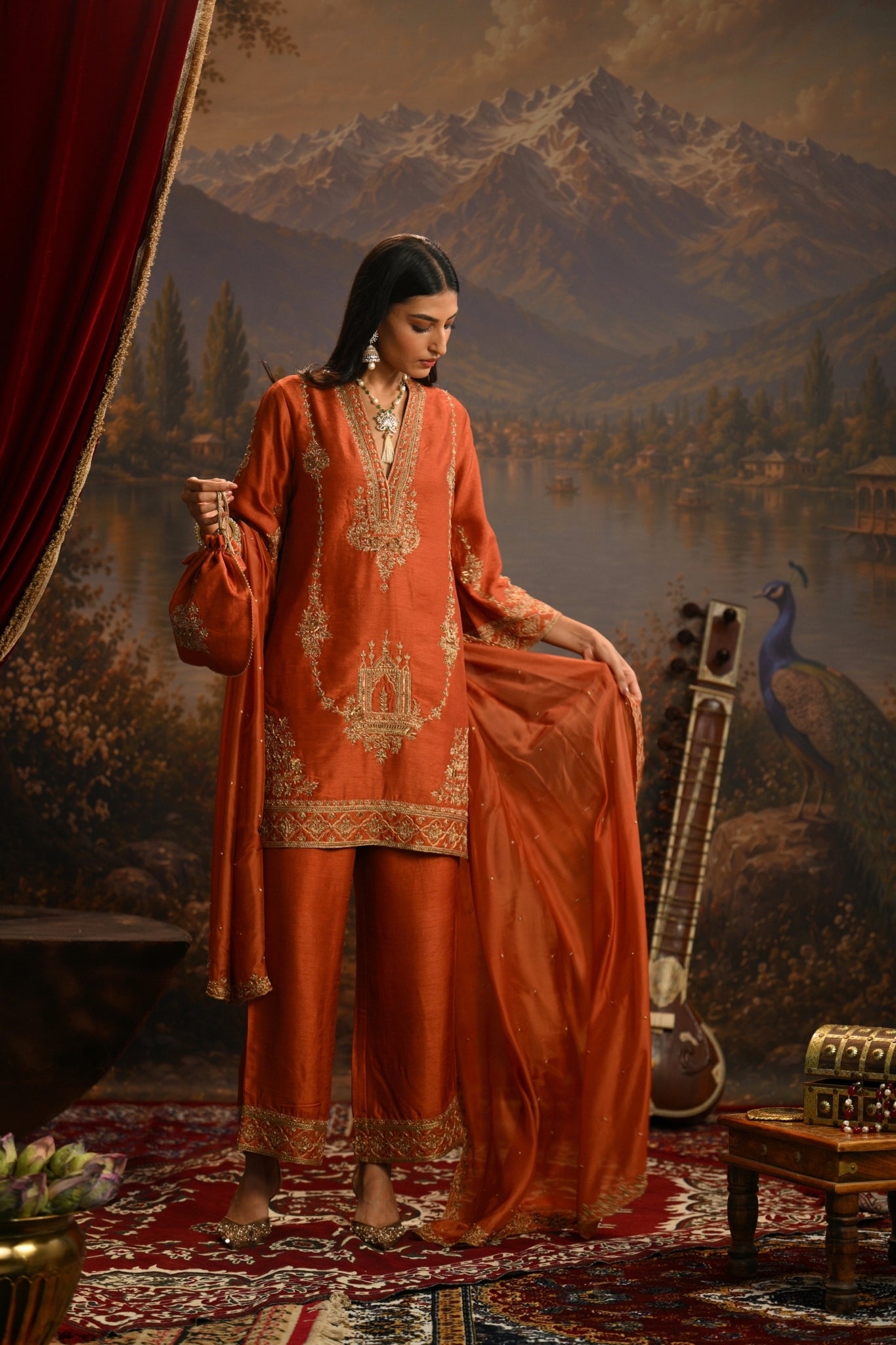 Rust Jharokha Mahal Embroidered Kurta Set Taroob