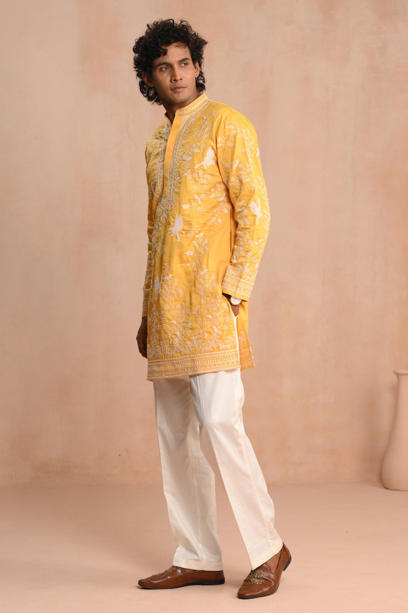 Yellow Shalimar Hand Embroidered Kurta Pajama Set