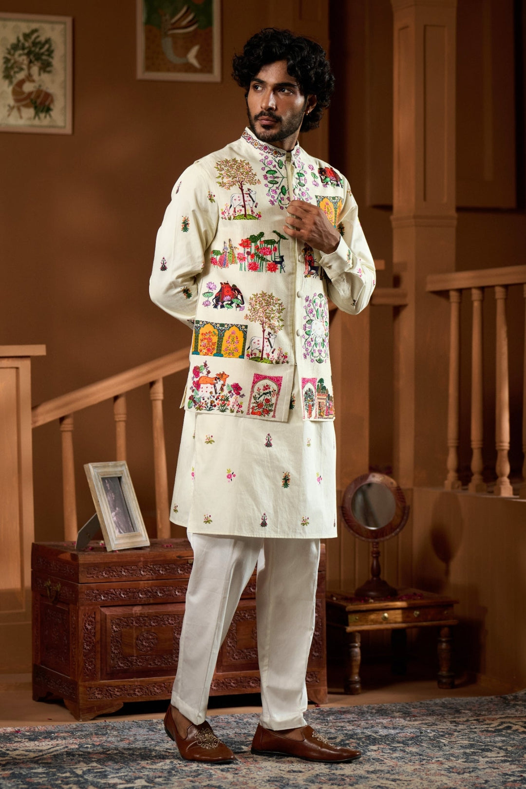Taroob Embroidered Pichwai Nehru Jacket