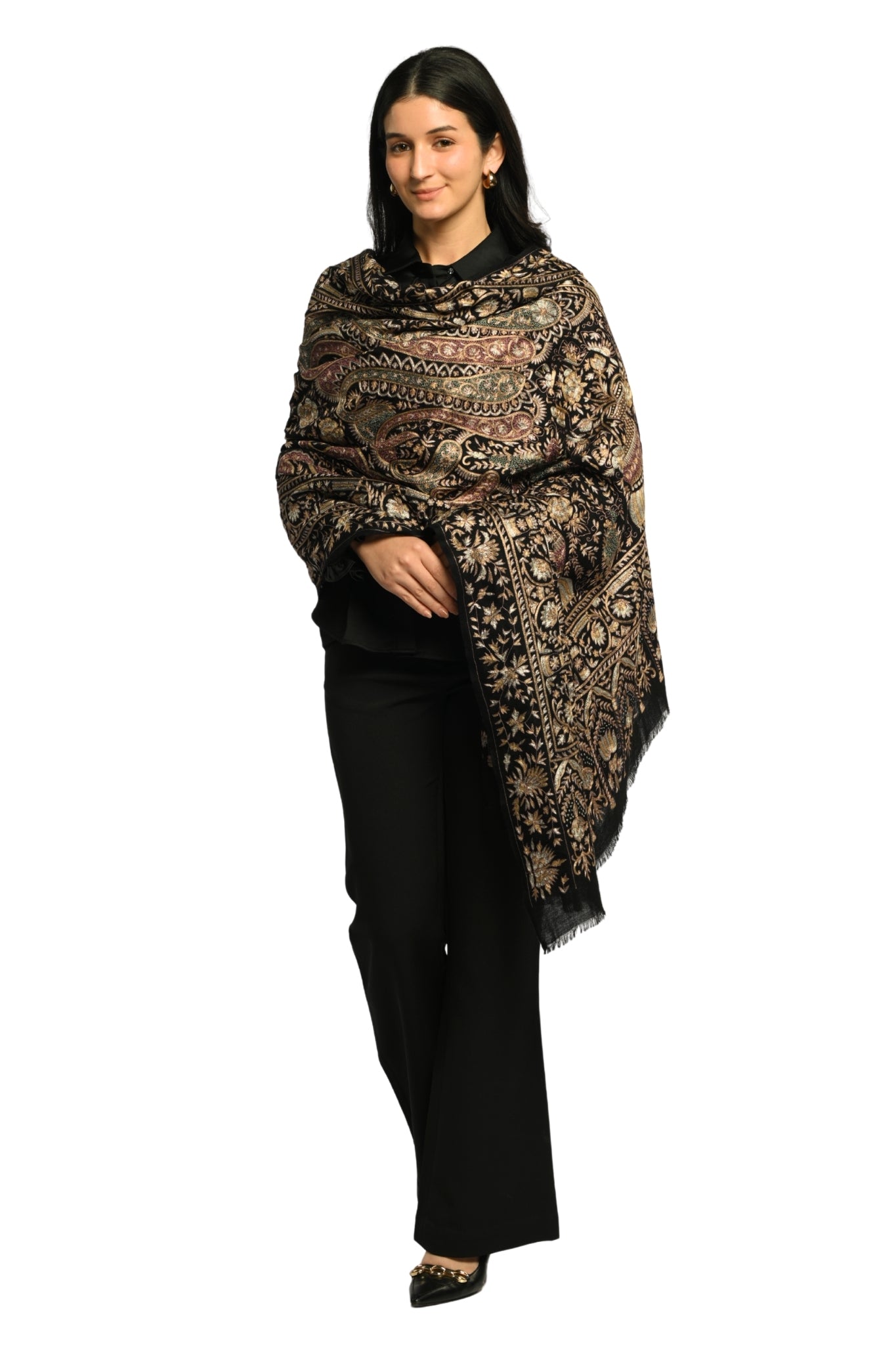 Black Pure Pashmina Tilla Shawl, Hand Embroidered Taroob