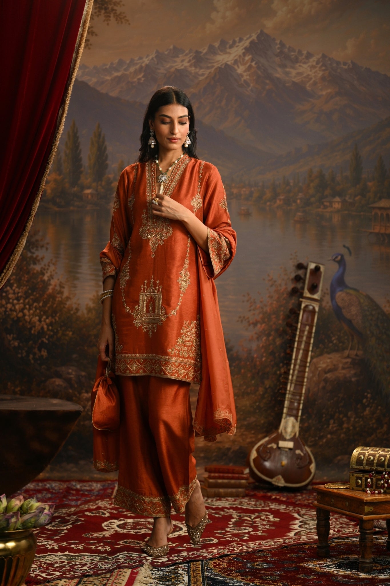 Rust Jharokha Mahal Embroidered Kurta Set Taroob
