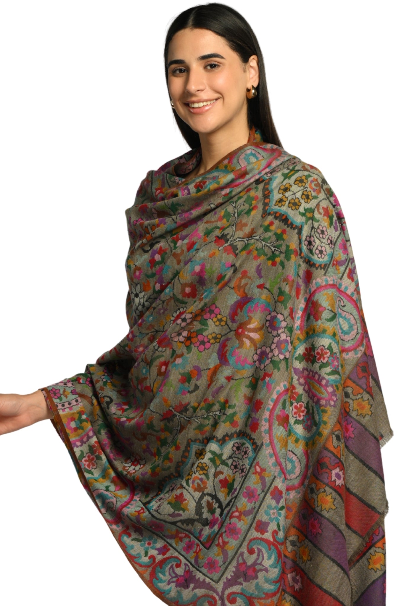 Dark Grey Hand Kaani Pure Pashmina Shawl Taroob