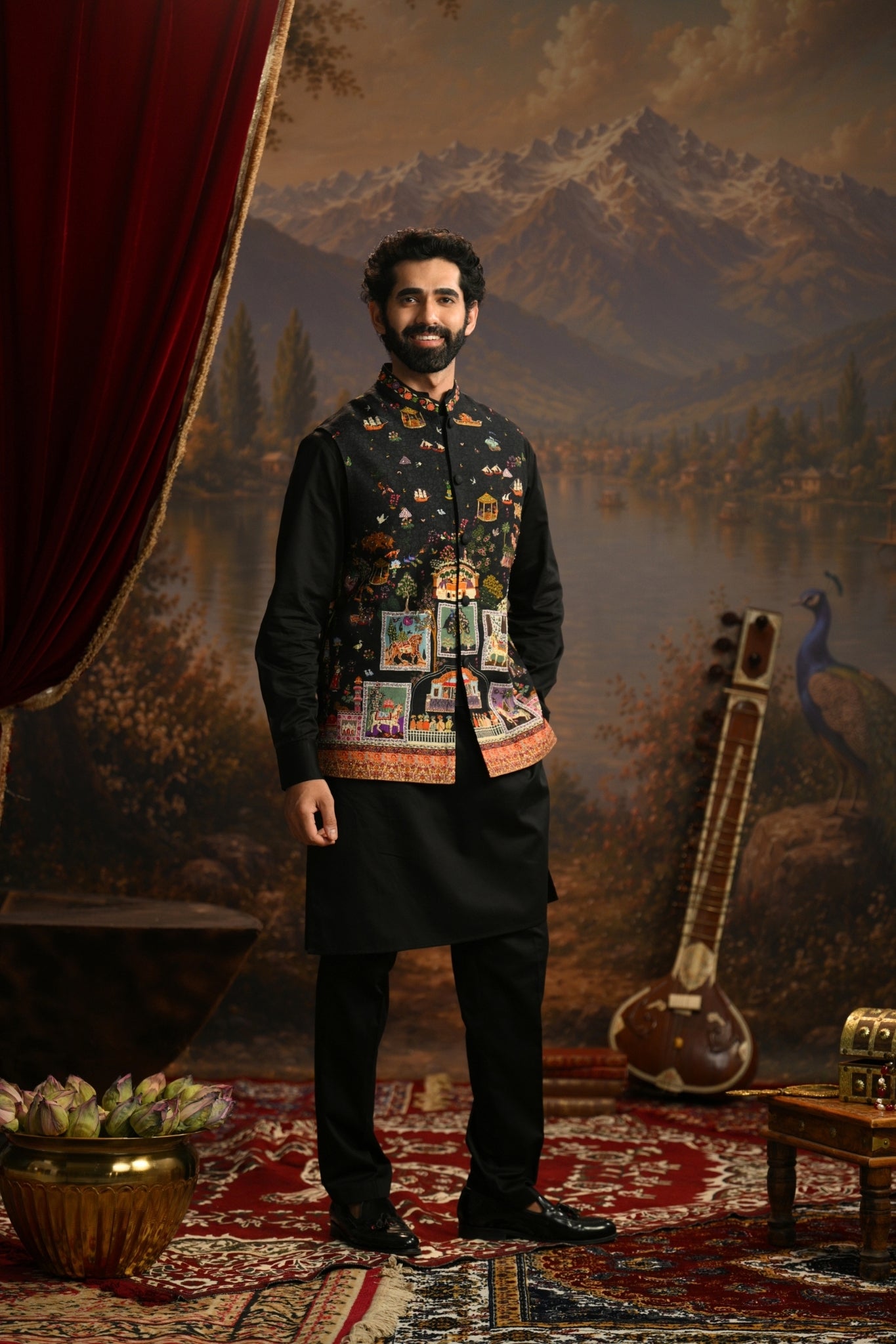 Black Mughal Embroidered Nehru Jacket Taroob