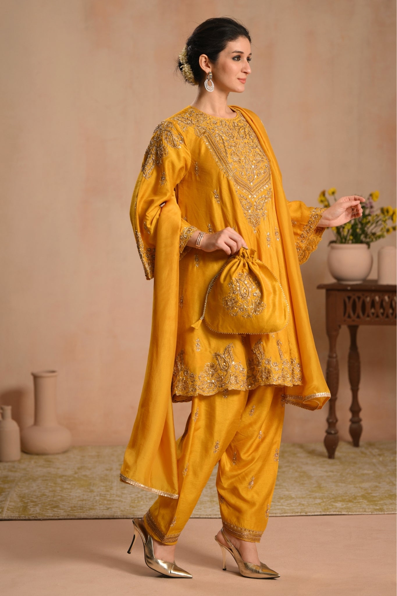 Women's Mustard Zarqash Hand Embroidered Kalidar Kurta Set Taroob