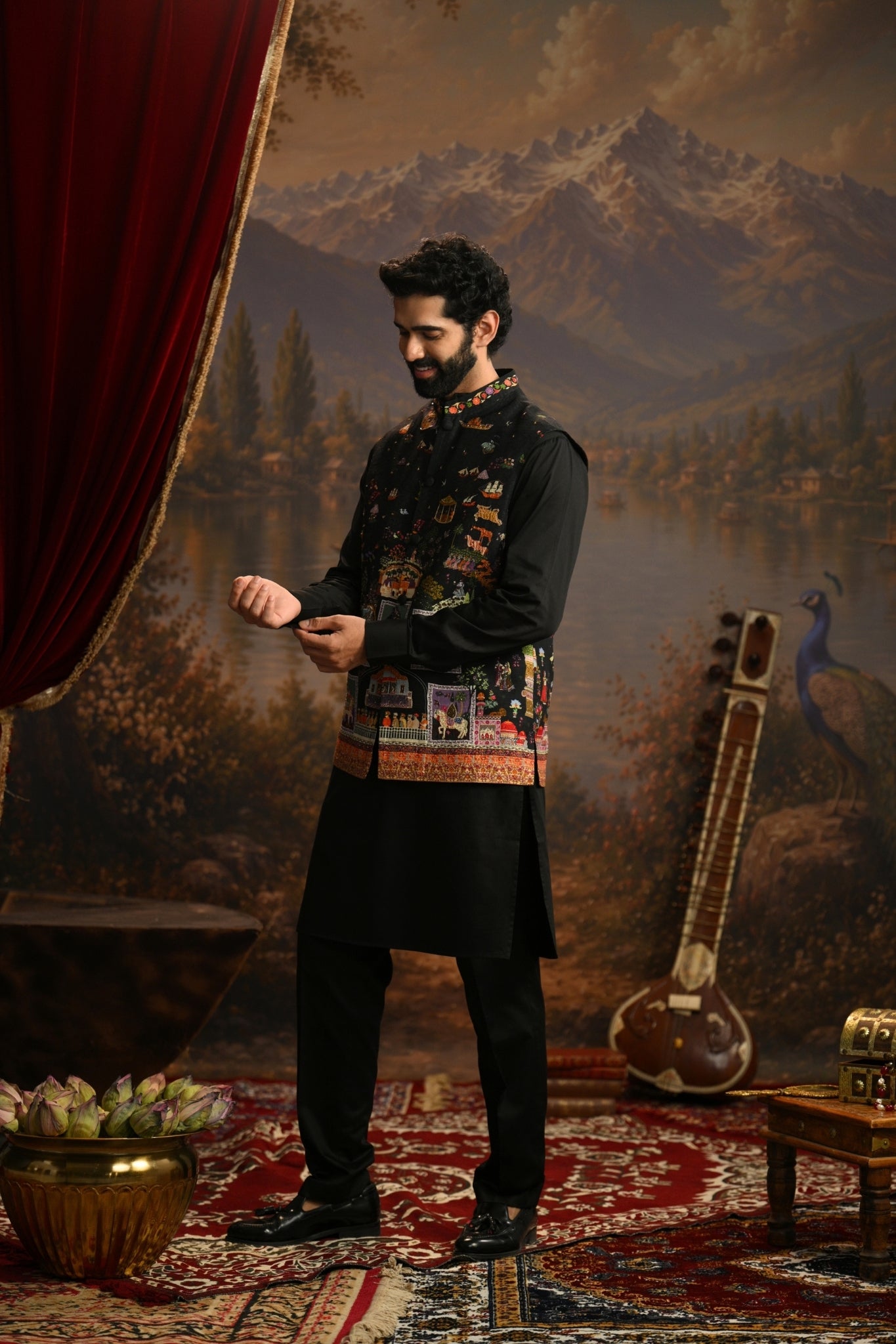 Black Mughal Embroidered Nehru Jacket Taroob