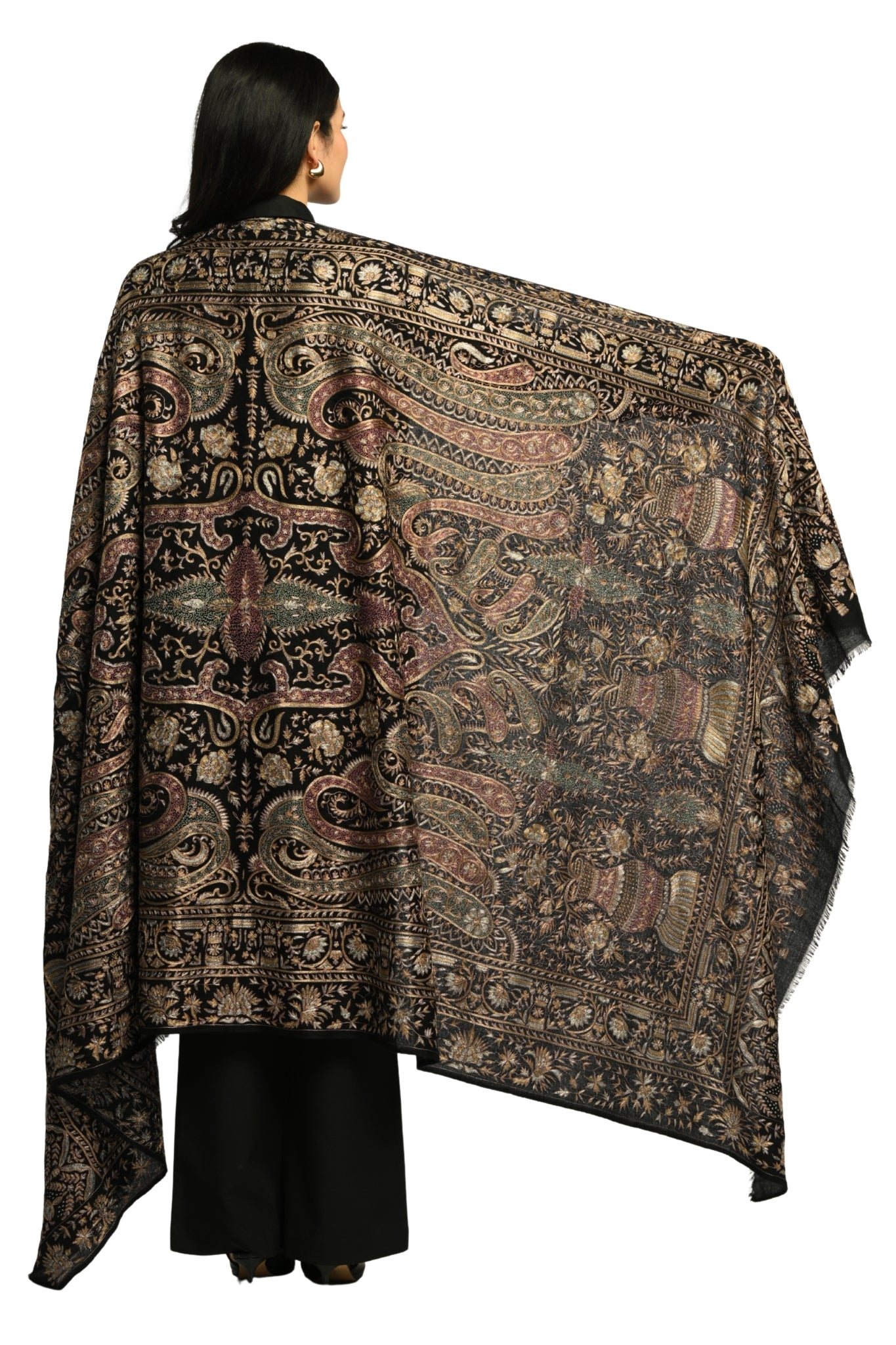 Black Pure Pashmina Tilla Shawl, Hand Embroidered Taroob