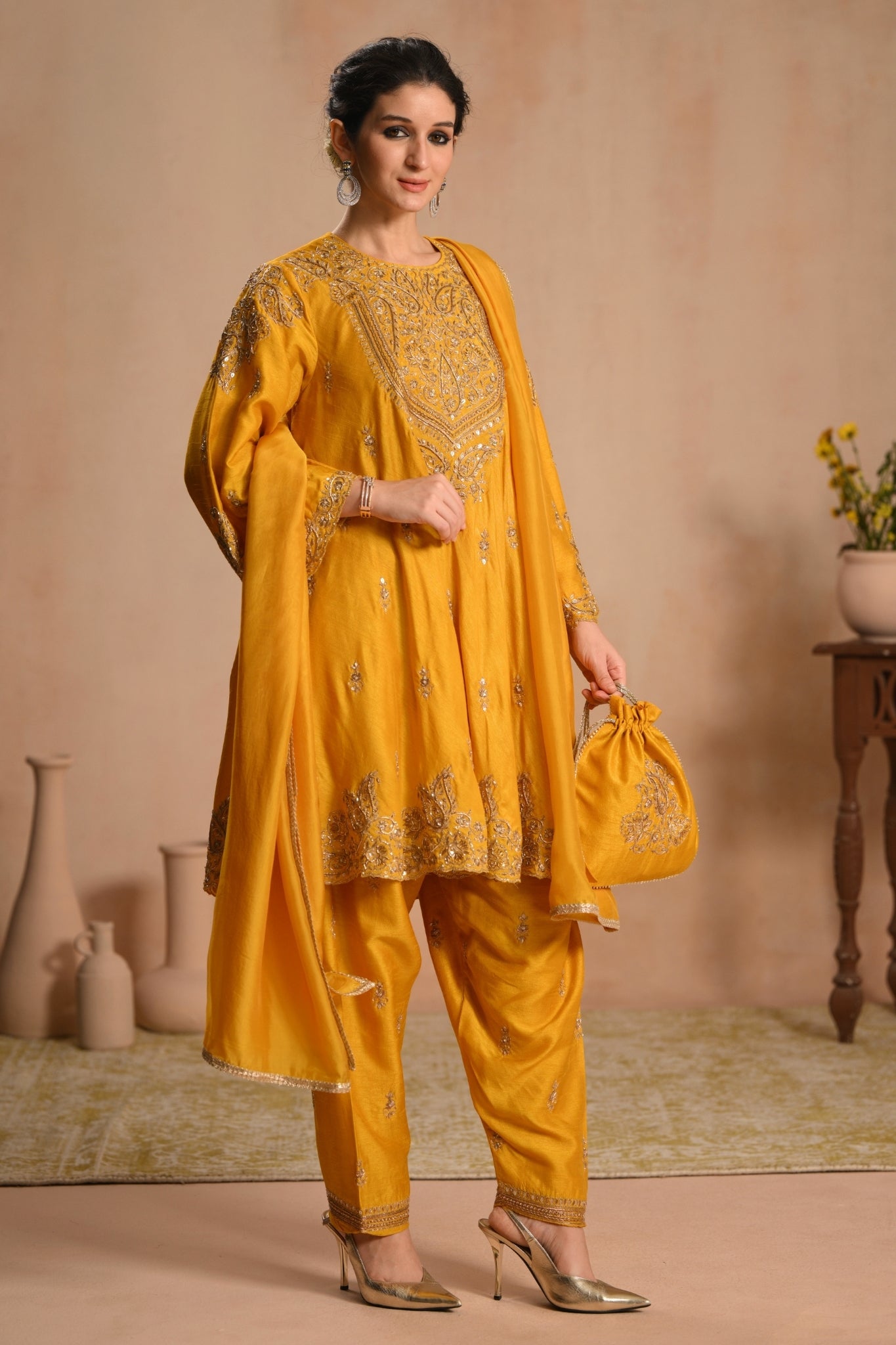 Women's Mustard Zarqash Hand Embroidered Kalidar Kurta Set Taroob