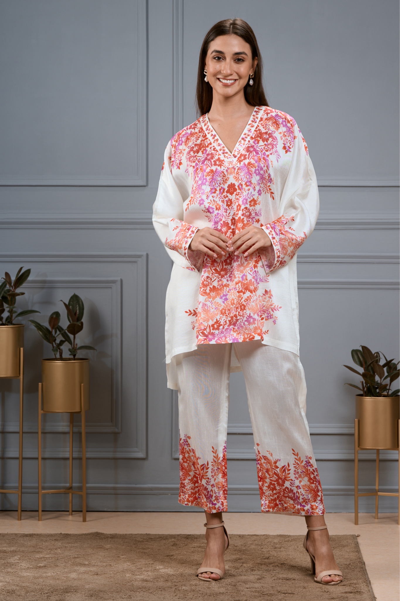 Silk Linen Floral Kaftan Co-ord Set with Embroidered Highlights – Women's Coords & Shirts – Image 7 | Taroob
