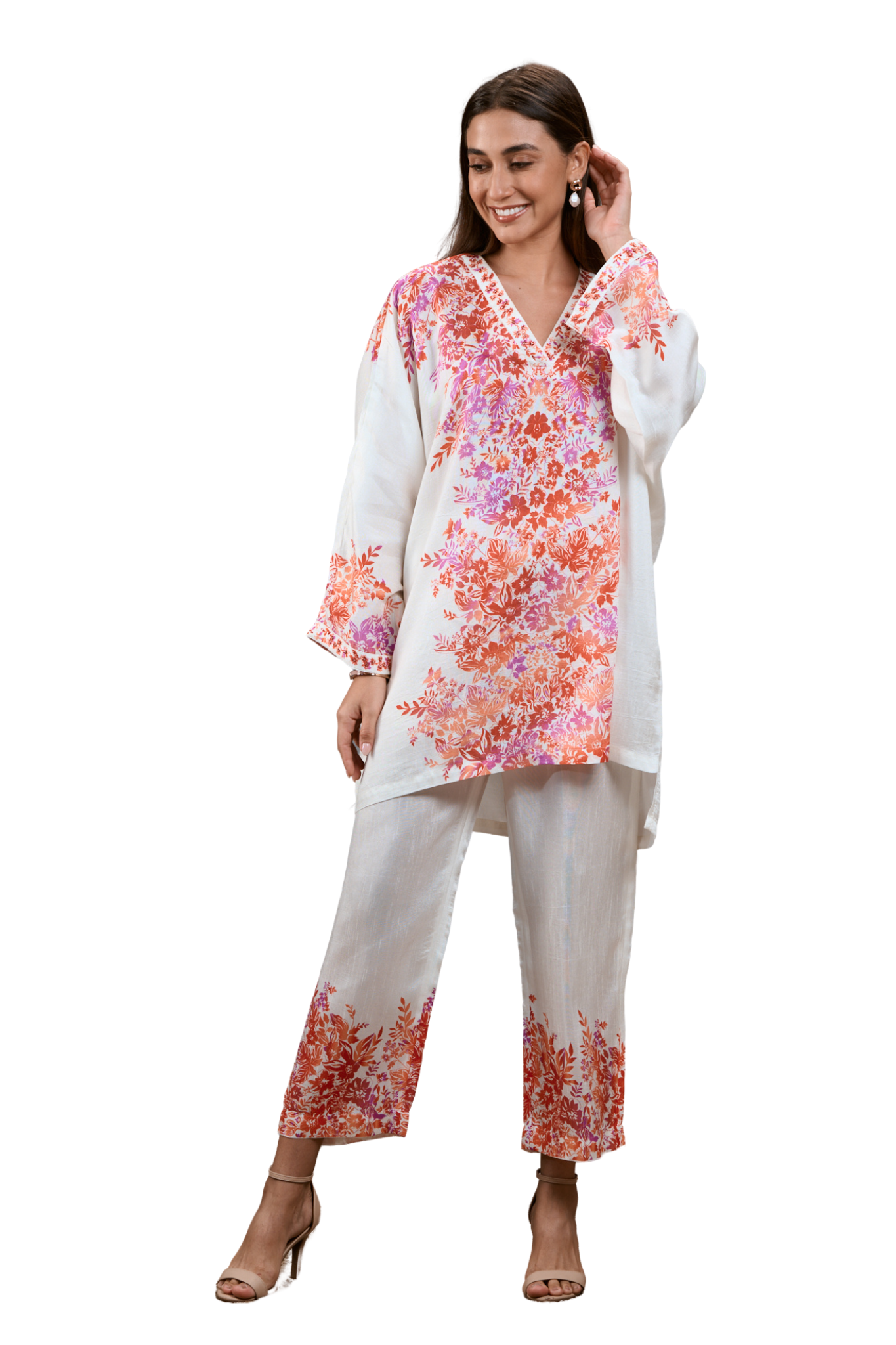 Silk Linen Floral Kaftan Co-ord Set with Embroidered Highlights – Women's Coords & Shirts – Image 1 | Taroob