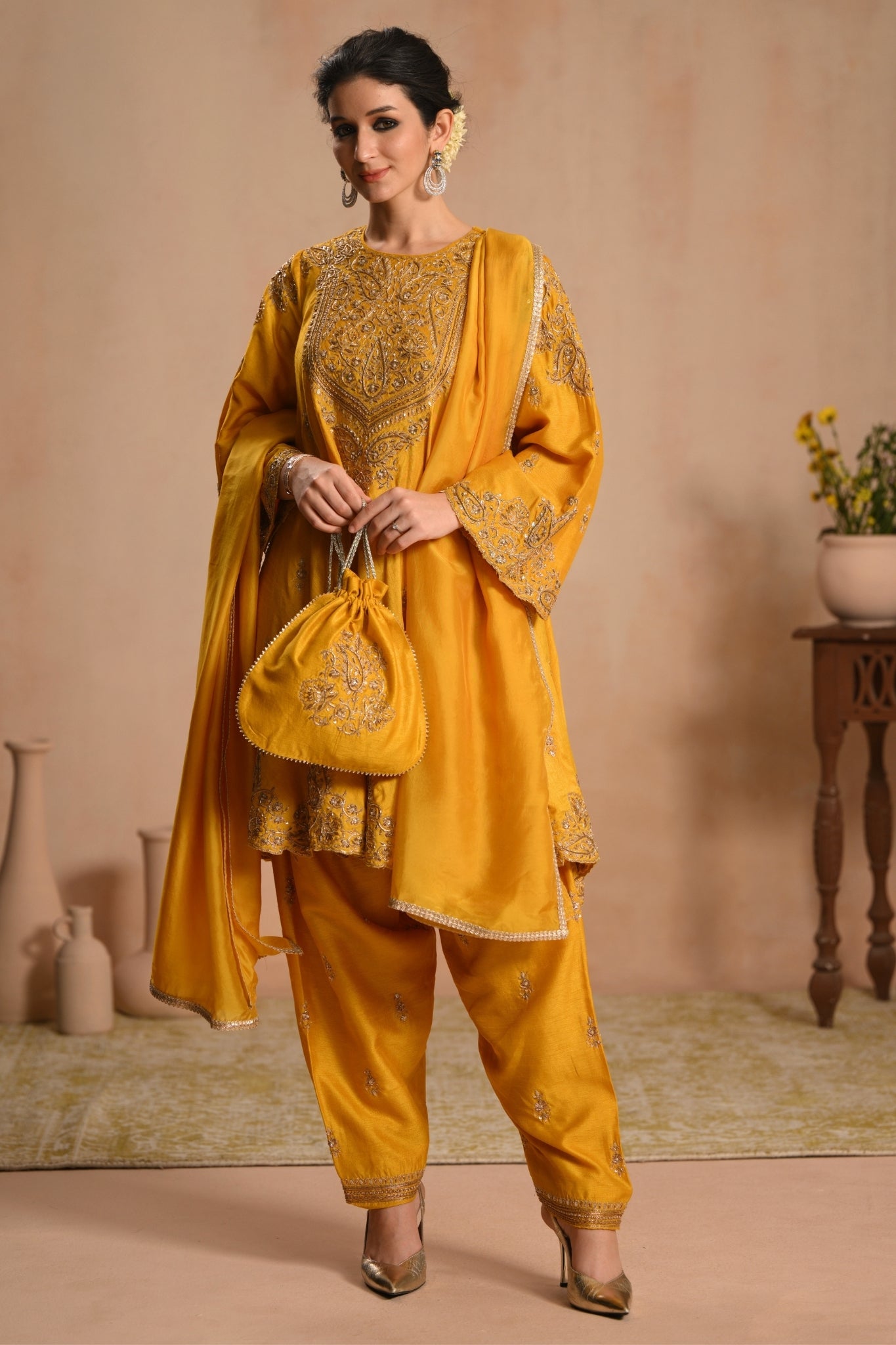 Women's Mustard Zarqash Hand Embroidered Kalidar Kurta Set Taroob