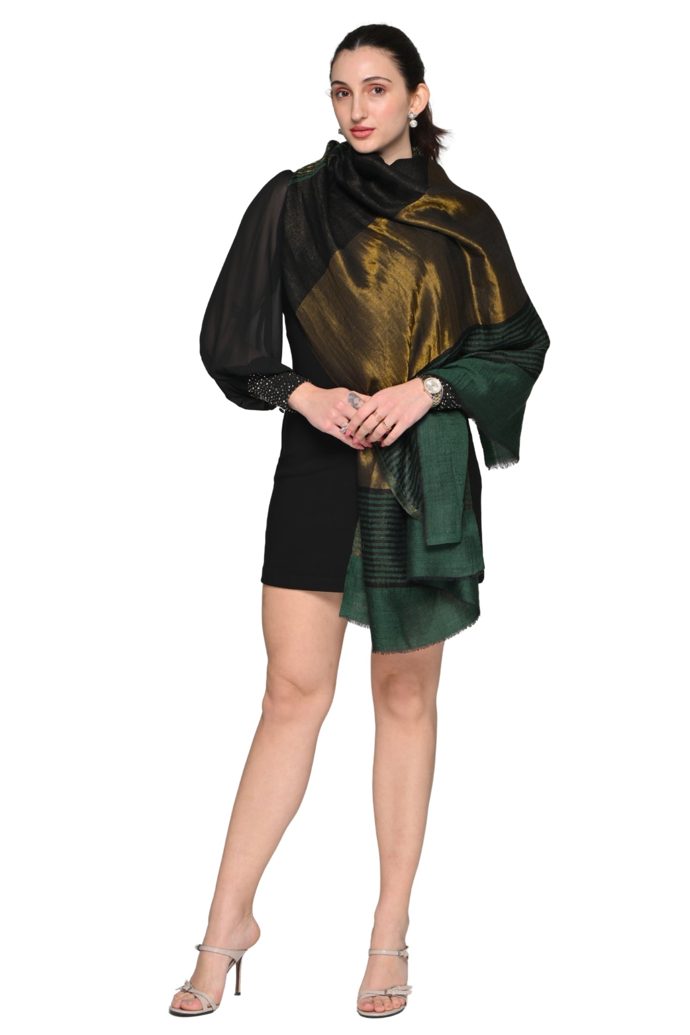 Fine Wool Antique Gold Striper Stole – Women's Zari Stoles – View 5 | Taroob