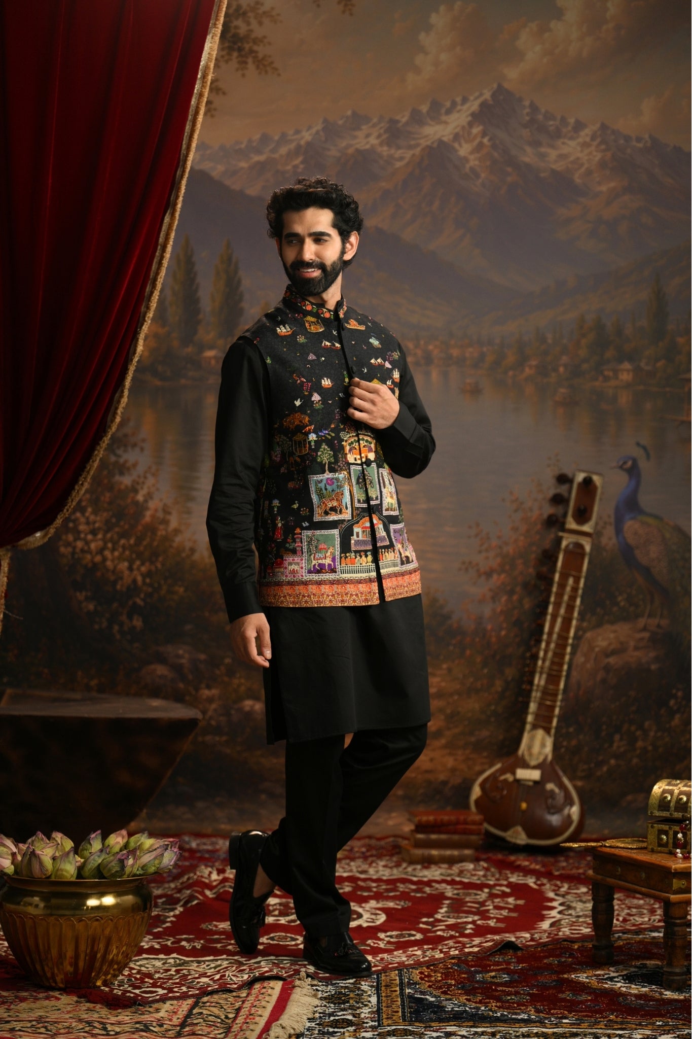 Black Mughal Embroidered Nehru Jacket Taroob