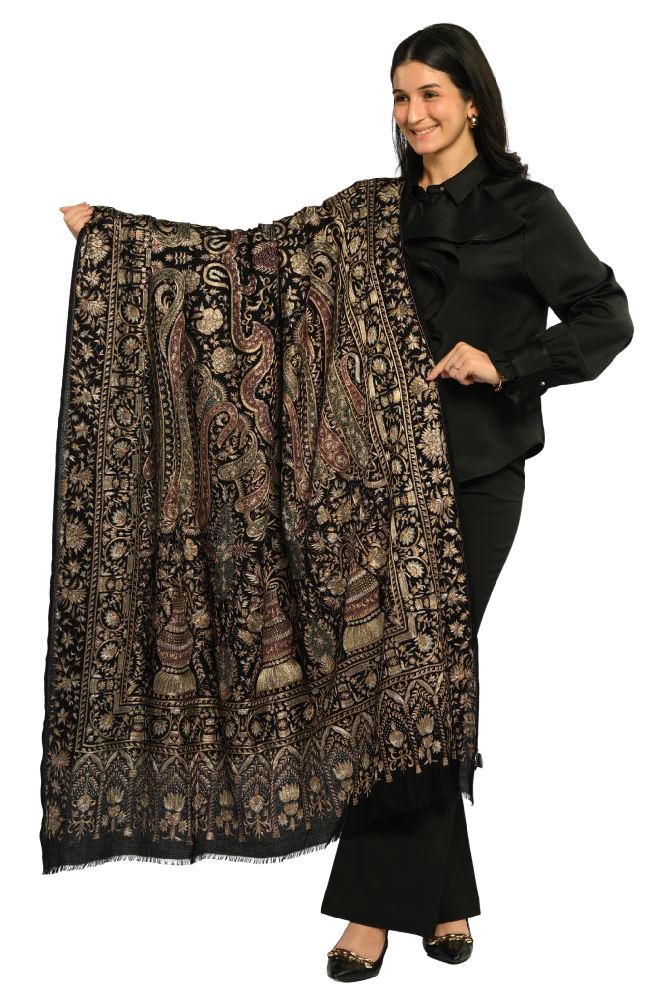 Black Pure Pashmina Tilla Shawl, Hand Embroidered Taroob