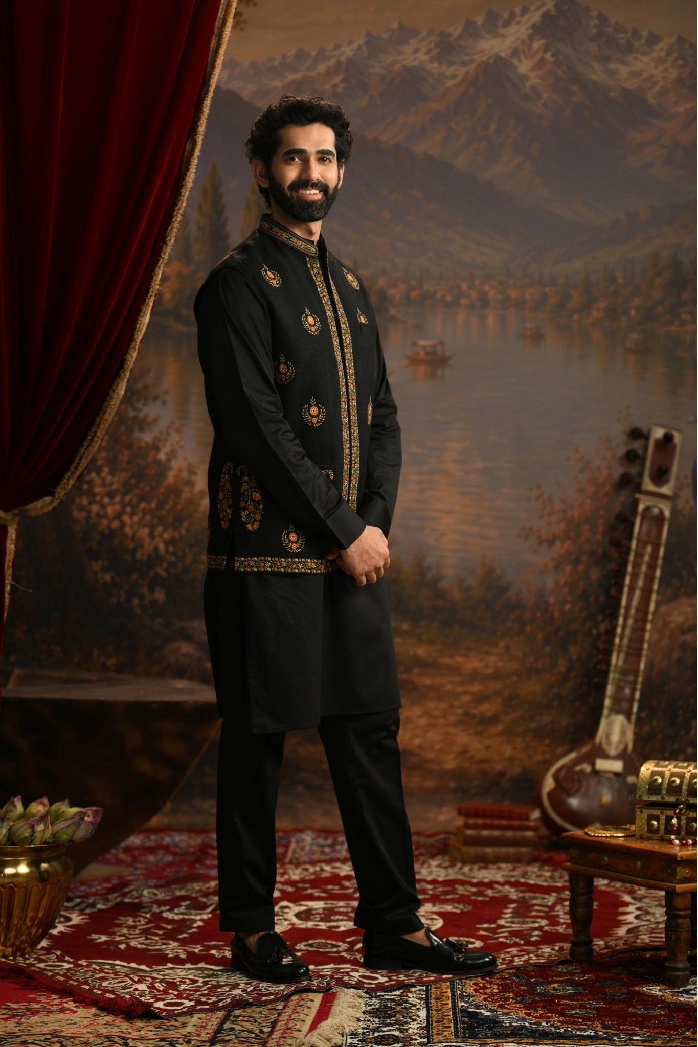 Black Mehrab Embroidered Nehru Jacket Taroob
