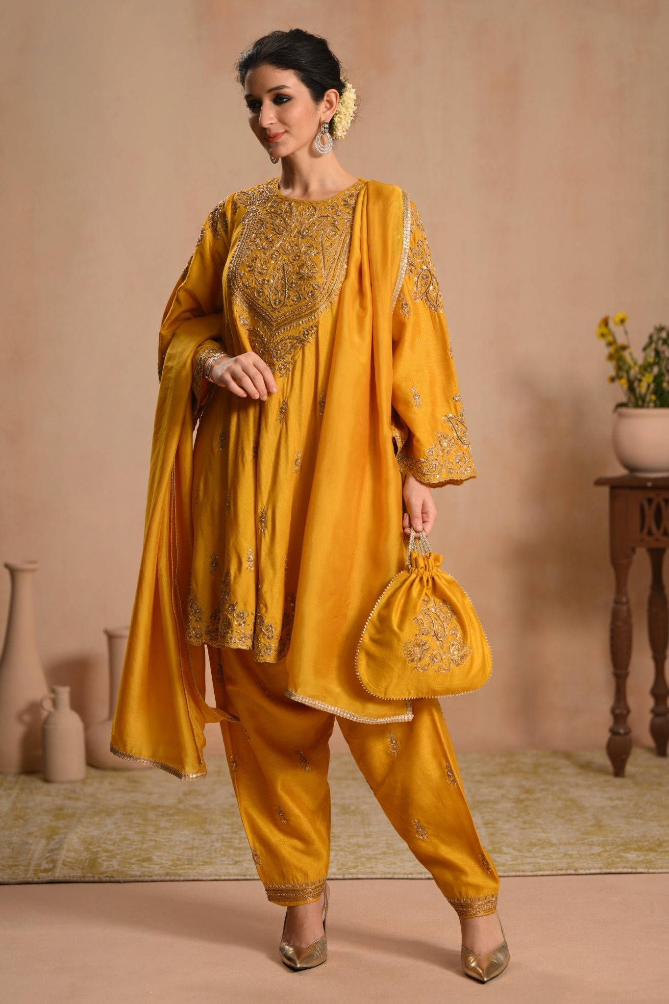 Women's Mustard Zarqash Hand Embroidered Kalidar Kurta Set Taroob