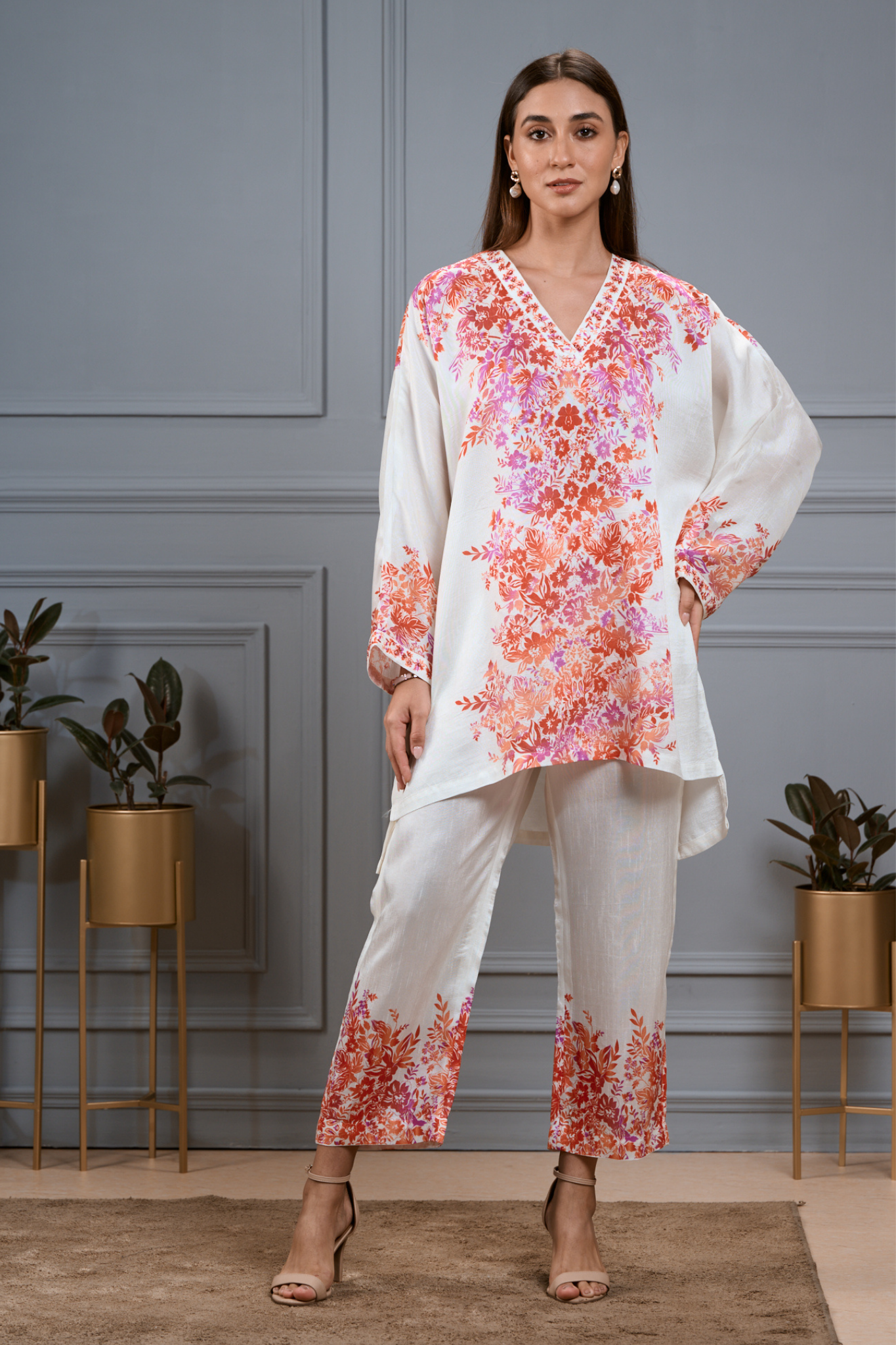 Silk Linen Floral Kaftan Co-ord Set with Embroidered Highlights – Women's Coords & Shirts – Image 4 | Taroob