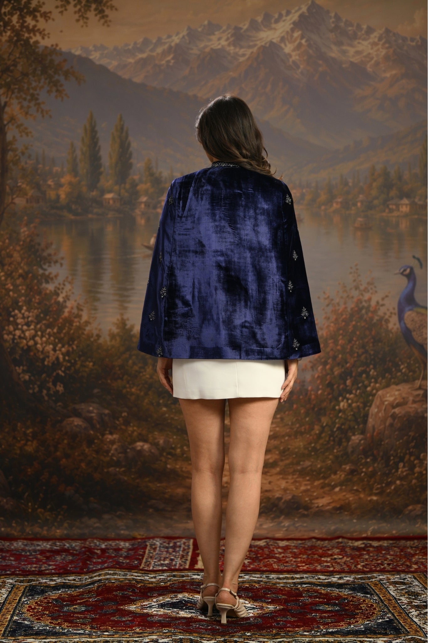 Navy Embroidered Jewelled Velvet Cape Taroob